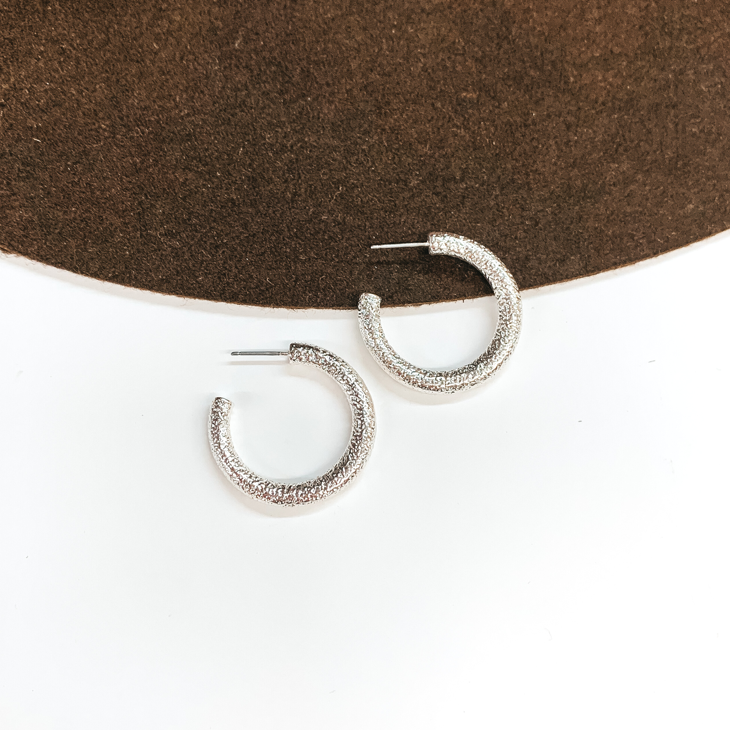 Textured Small Sized Hoop Earrings in Silver - Giddy Up Glamour Boutique