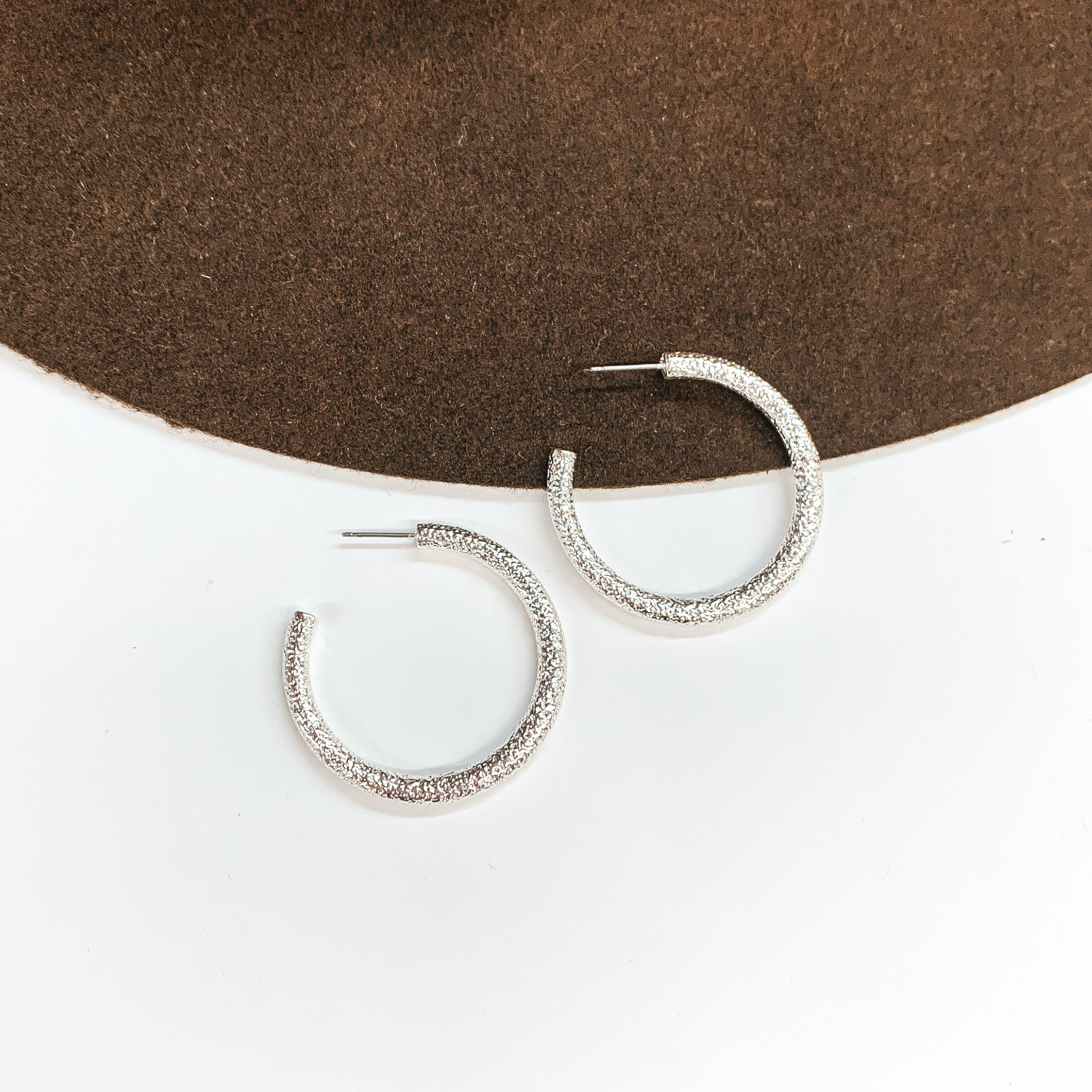 Textured Medium Sized Hoop Earrings in Silver - Giddy Up Glamour Boutique