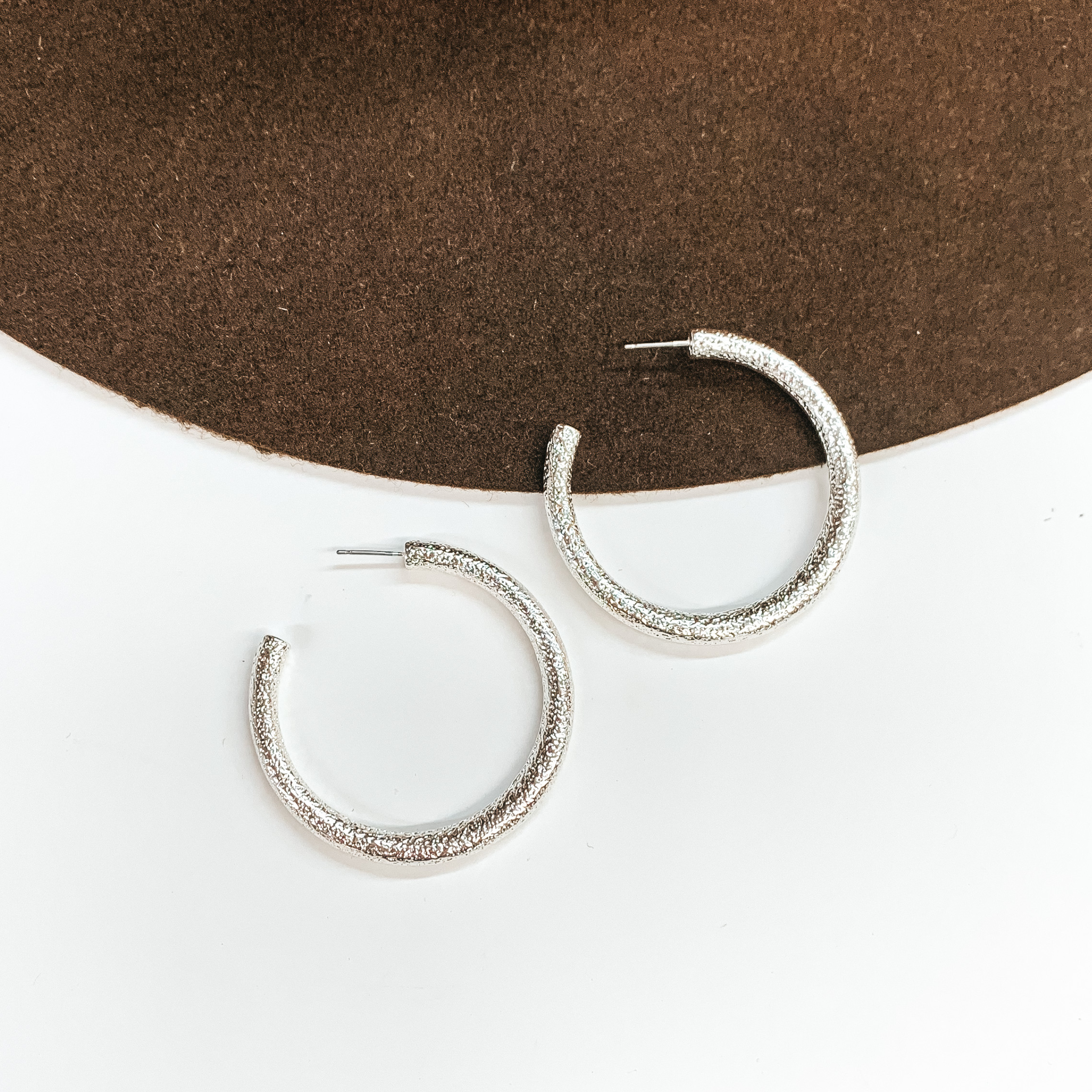 Textured Large Sized Hoop Earrings in Silver - Giddy Up Glamour Boutique