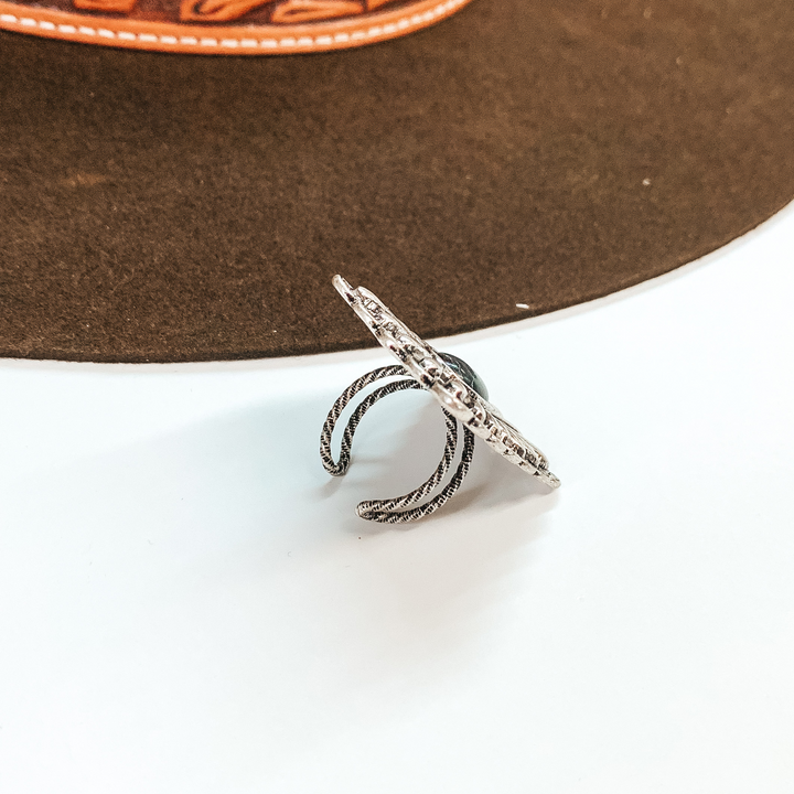 Silver Tone Rectangle Concho Cuff Ring with Center Faux Stone in Black - Giddy Up Glamour Boutique