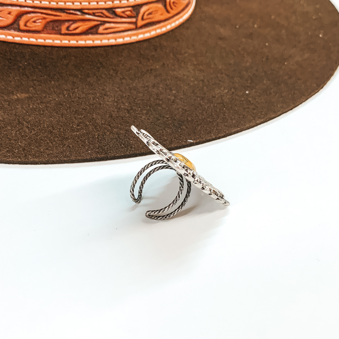 Silver Tone Rectangle Concho Cuff Ring with Center Faux Stone in Mustard - Giddy Up Glamour Boutique