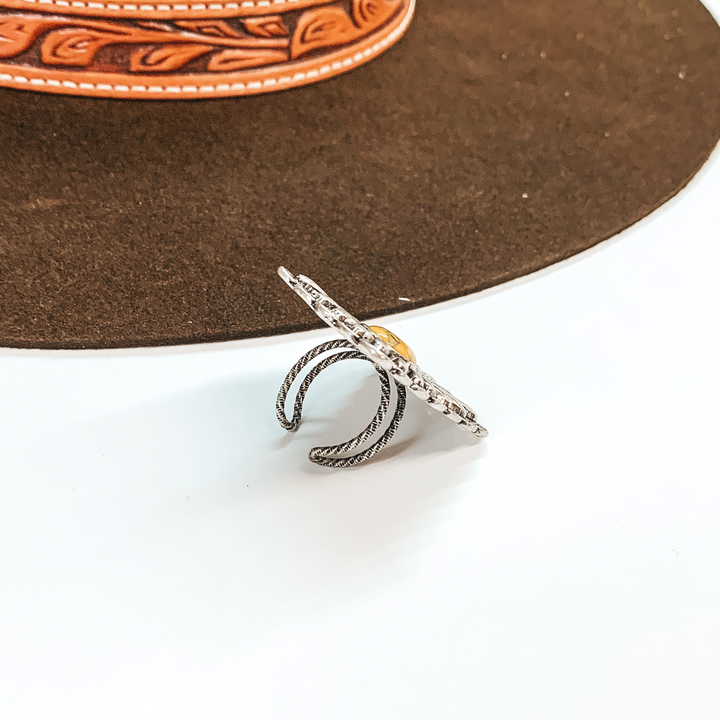 Silver Tone Rectangle Concho Cuff Ring with Center Faux Stone in Mustard - Giddy Up Glamour Boutique