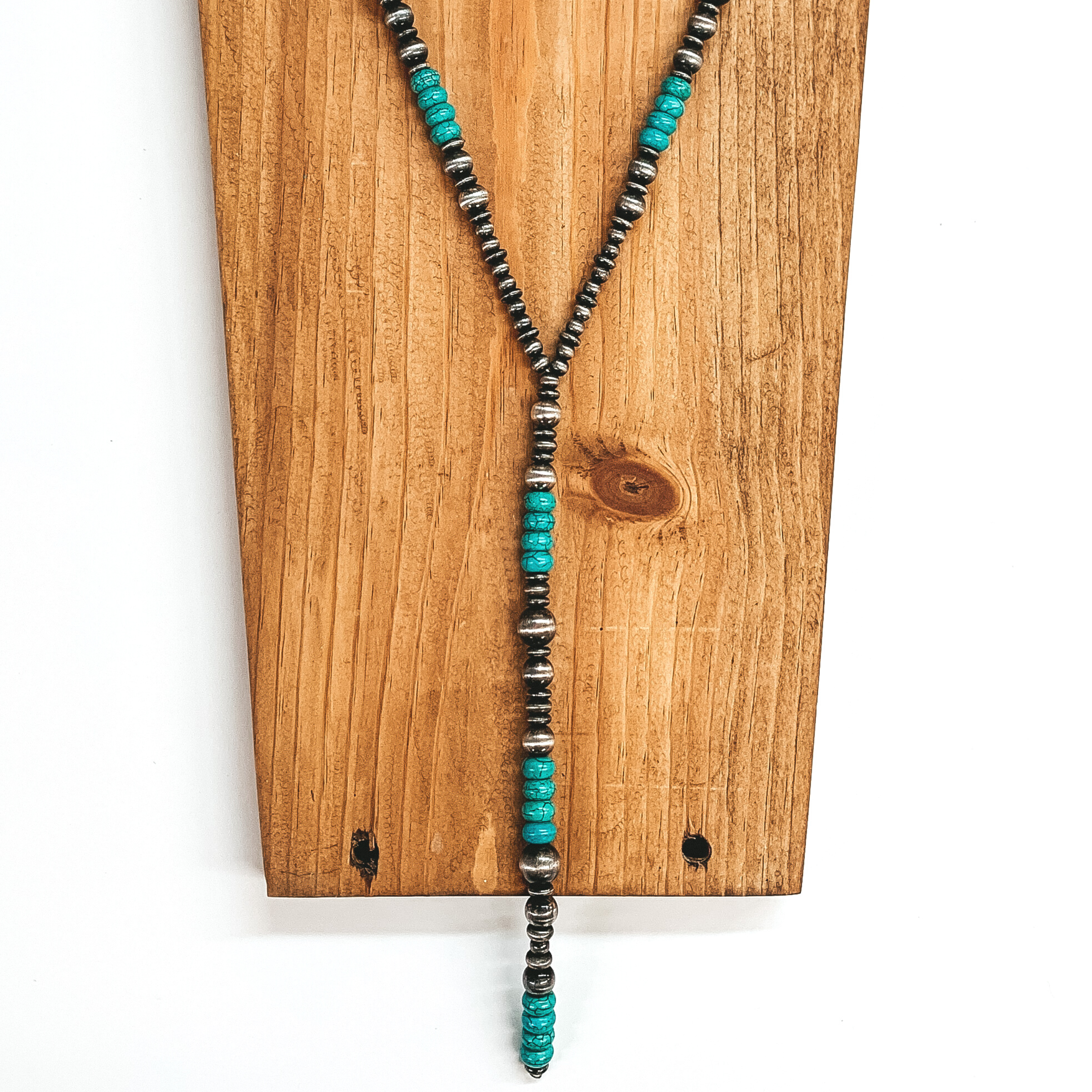 Faux Navajo Pearl Lariat Necklace in Silver Tone with Turquoise Beads - Giddy Up Glamour Boutique