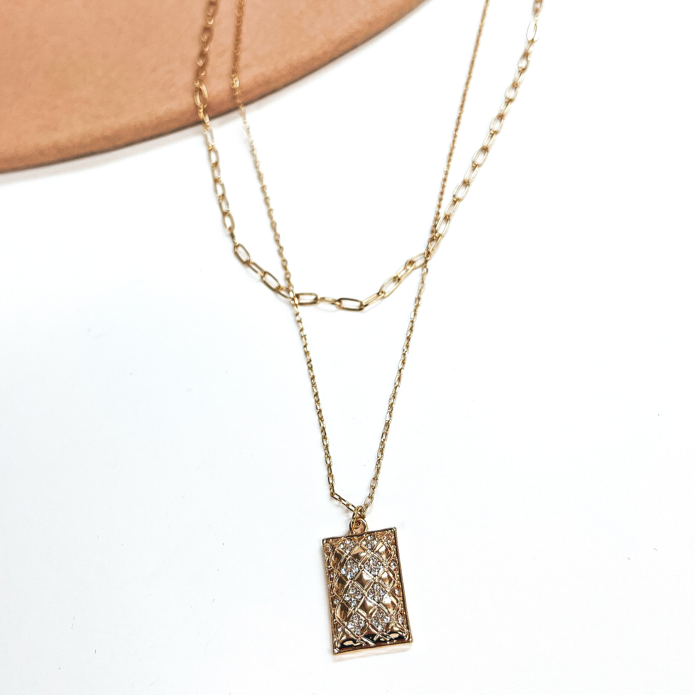 Two Strand Multi Chain Necklace with Rectangle Crystal Pendant in Gold - Giddy Up Glamour Boutique