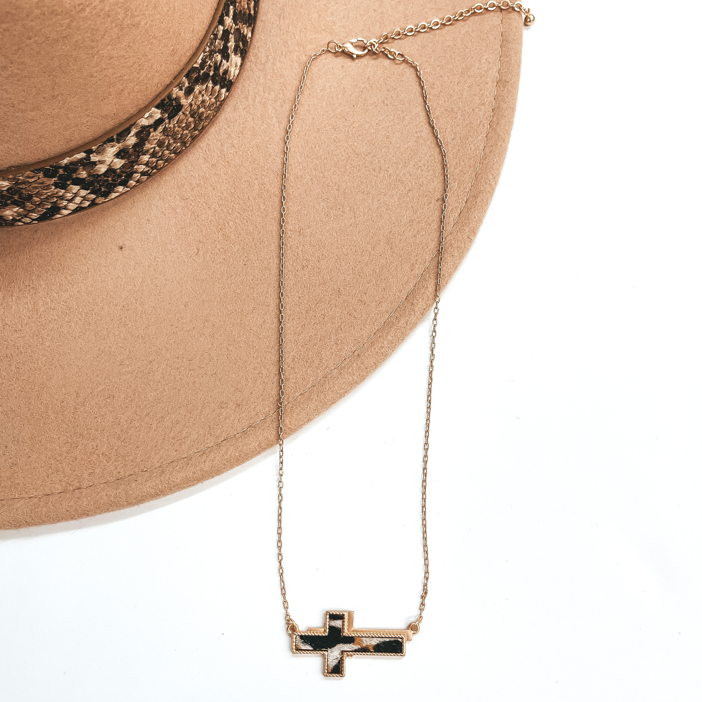 Lovely Dream Gold Cross Pendant Necklace with Faux Hide Inlay in Black, Brown, and White - Giddy Up Glamour Boutique