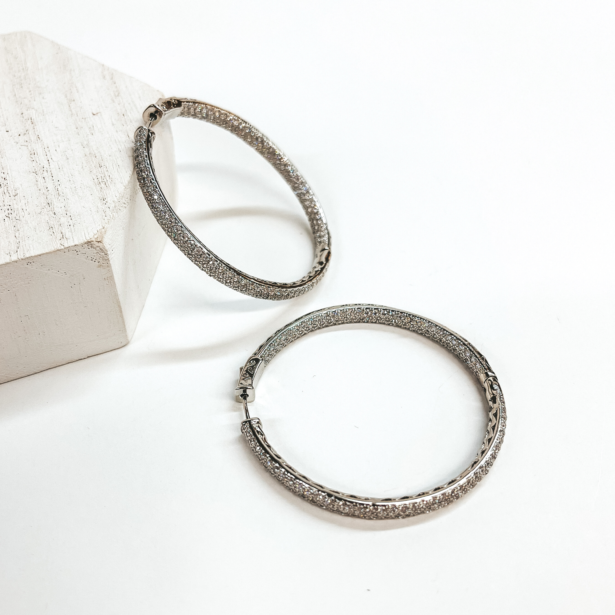 CZ Crystal Pave Hoop Earrings in Silver - Giddy Up Glamour Boutique
