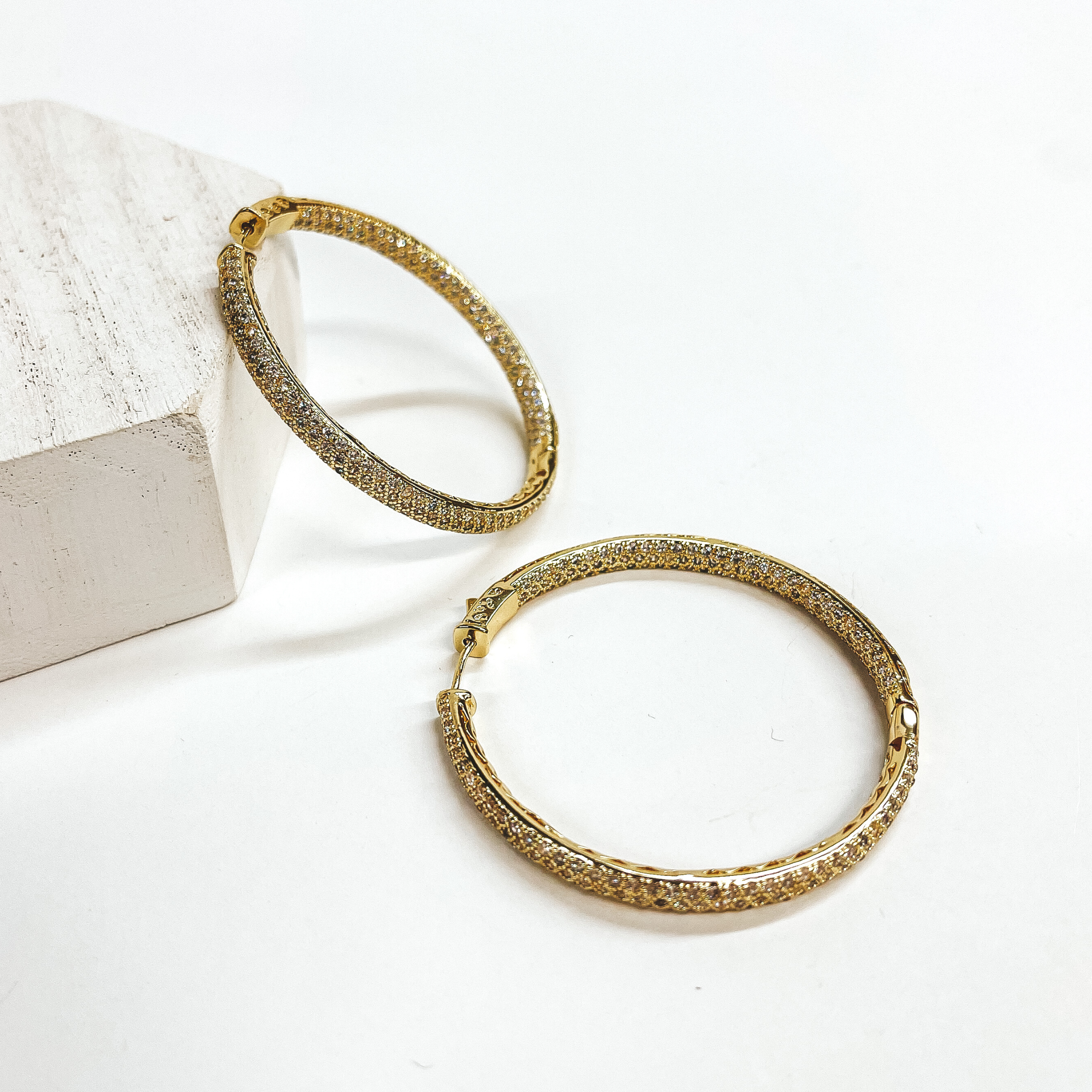 CZ Crystal Pave Hoop Earrings in Gold - Giddy Up Glamour Boutique