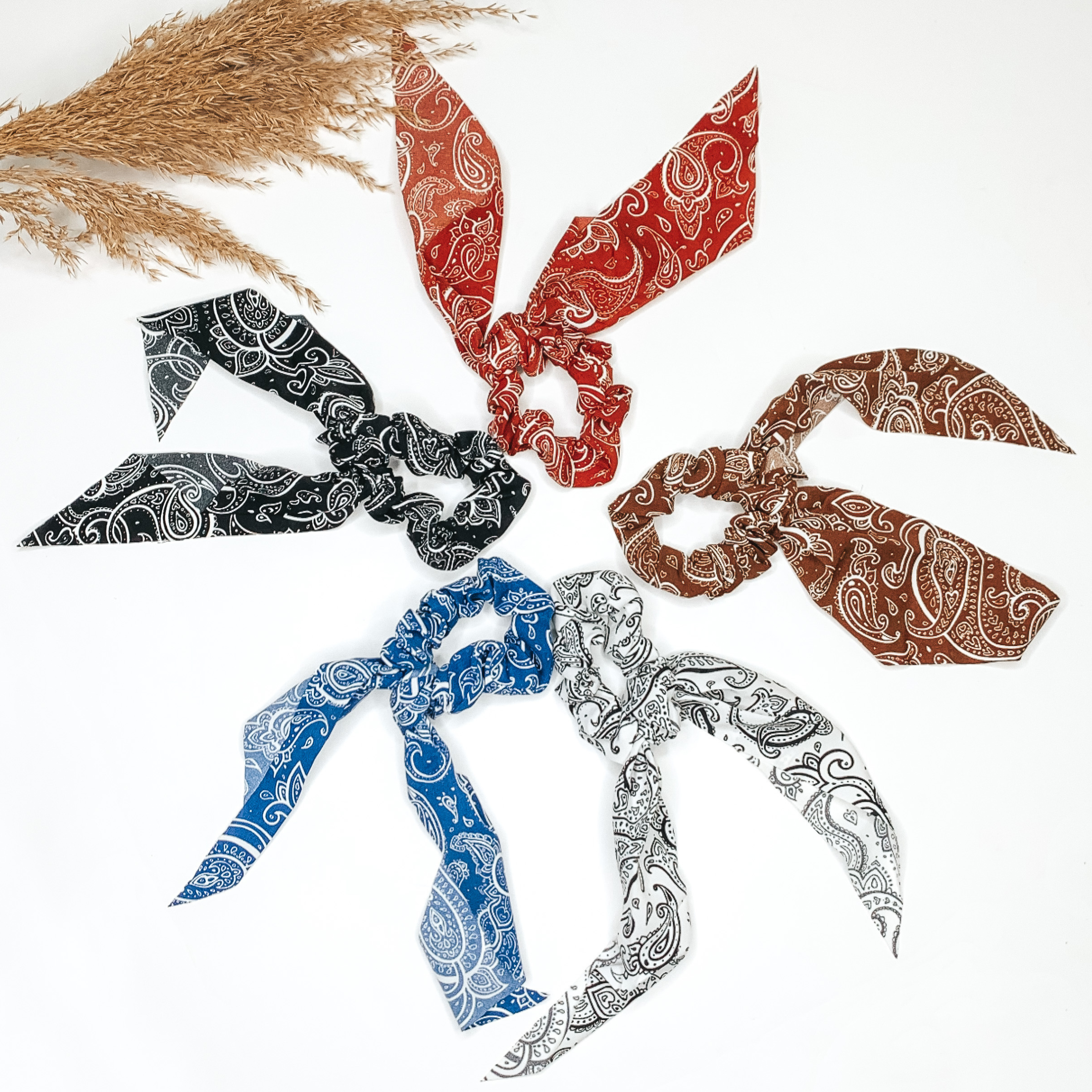 Pictured are five scrunchies with a black paisley pattern and a tie. The scrunchies come in black, blue, white, rust, and brown. These scrunchies are pictured in a circle on a white background with tan pompus grass in the top left corner.