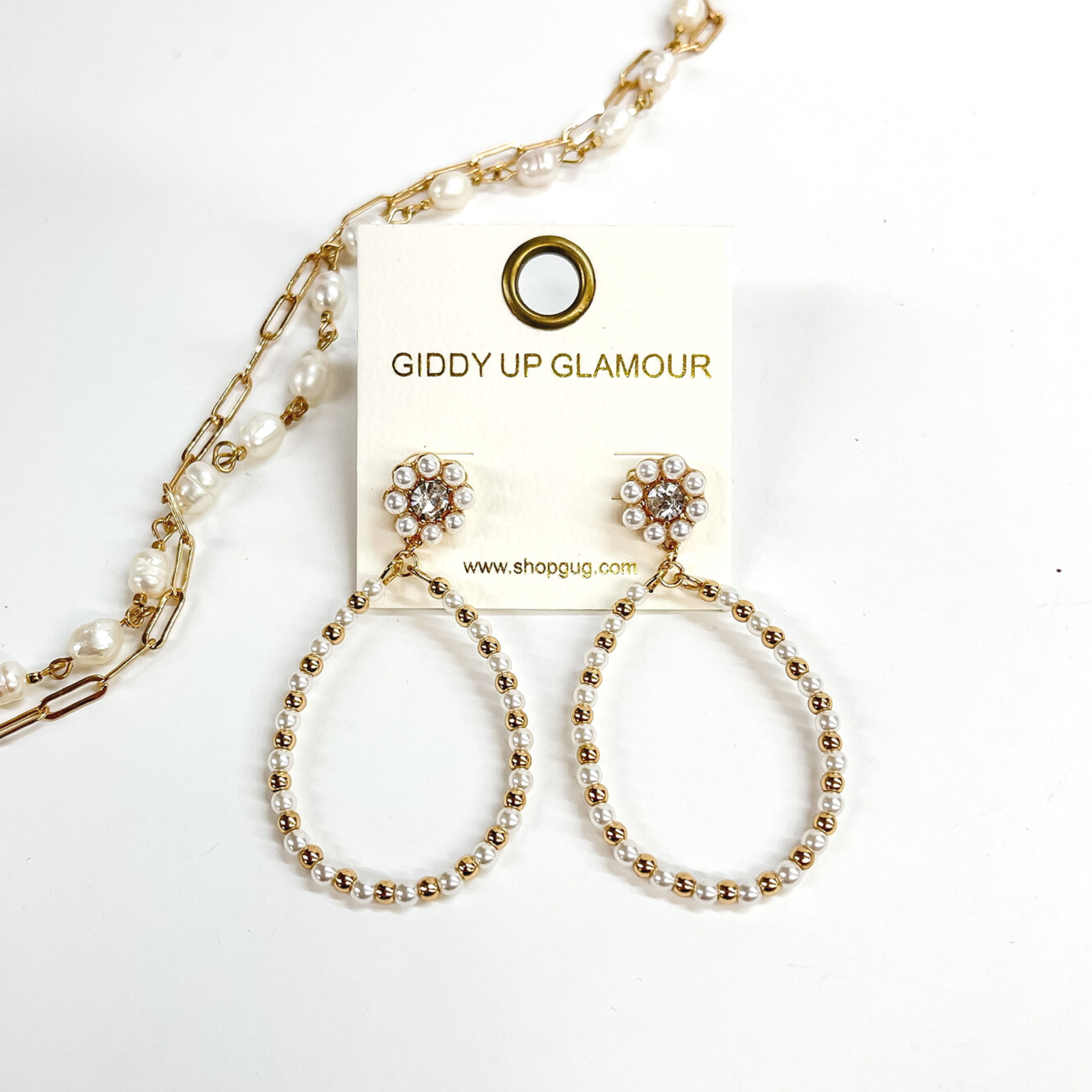 Beaded Flower Post Back Earrings with Teardrop Pendant in Gold and Ivory - Giddy Up Glamour Boutique