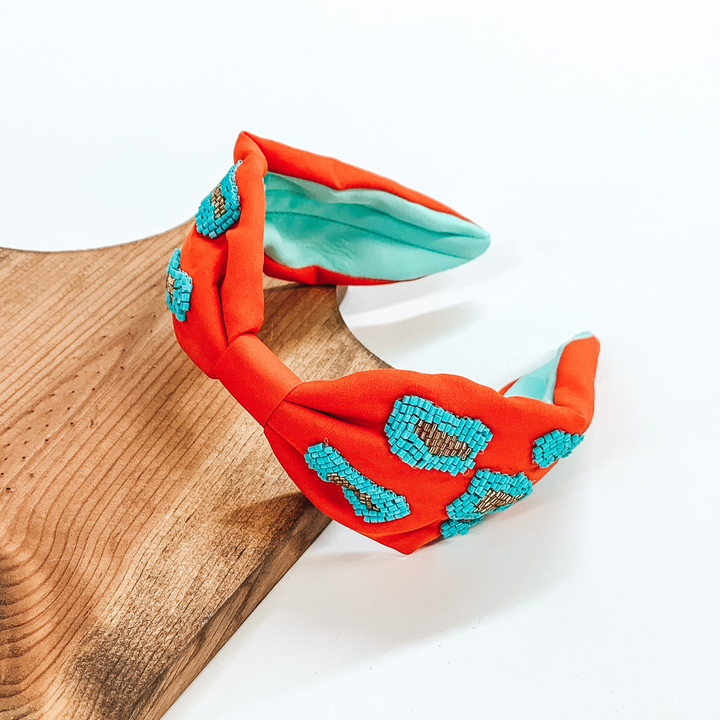Orange Red Headband with Beaded Sky Blue Leopard Print - Giddy Up Glamour Boutique