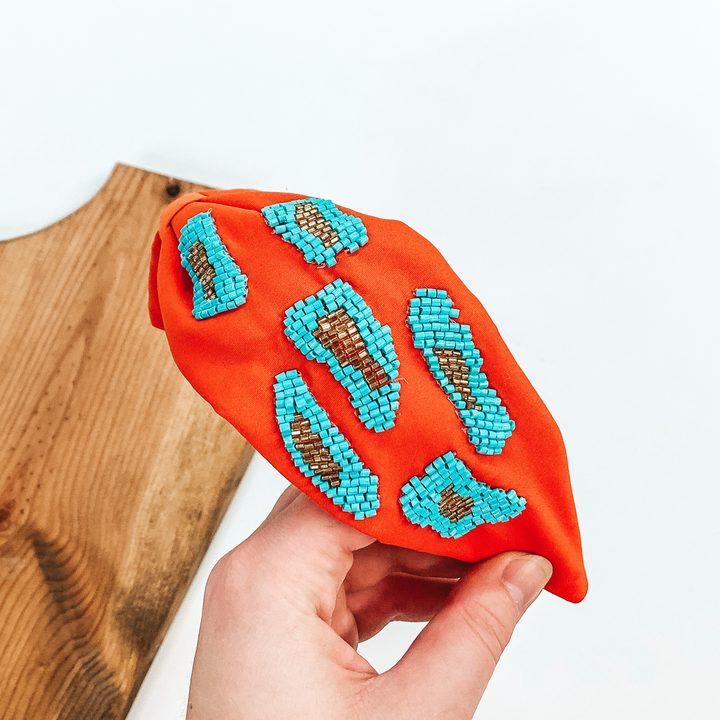 Orange Red Headband with Beaded Sky Blue Leopard Print - Giddy Up Glamour Boutique