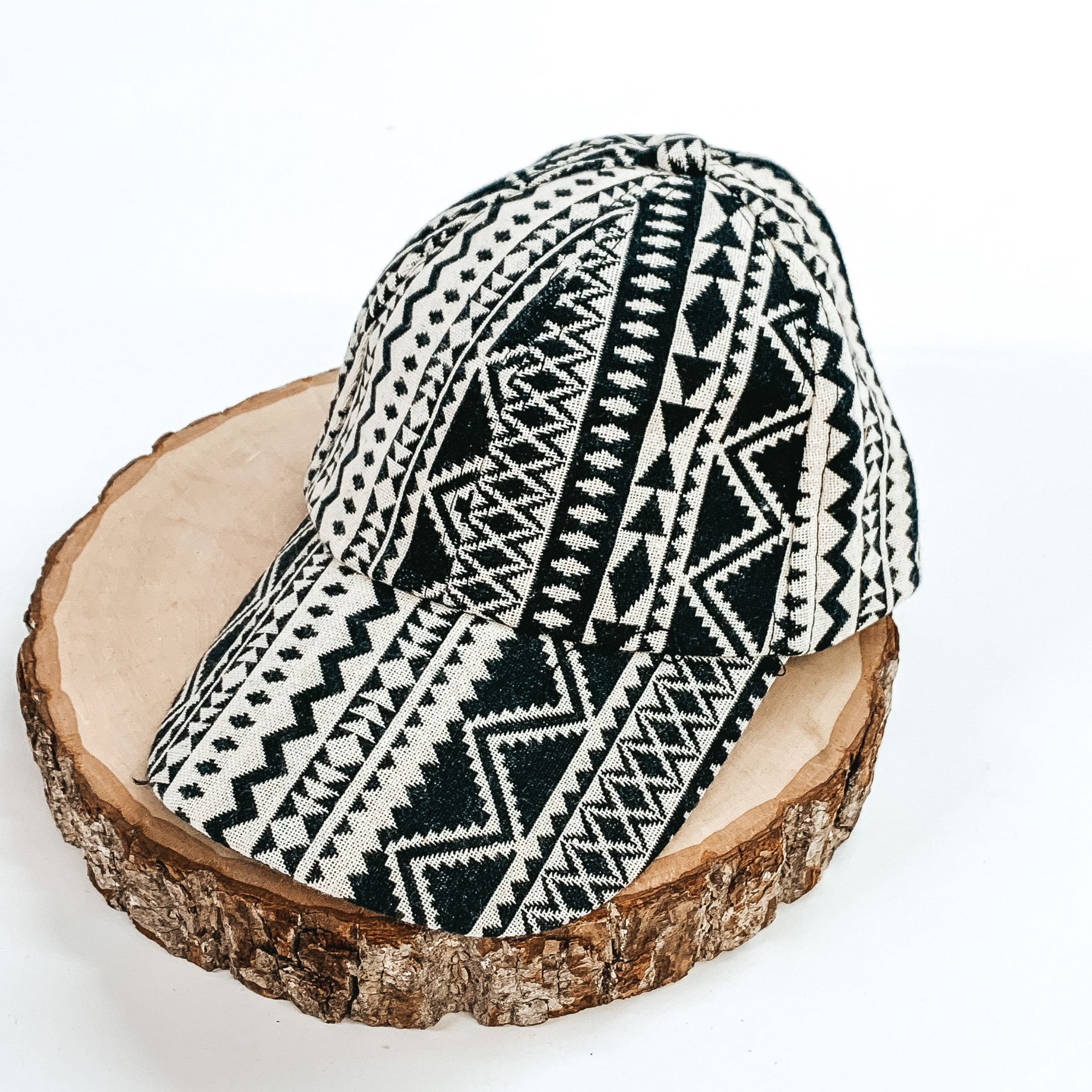 Ivory Ball Cap with a Black Tribal Design - Giddy Up Glamour Boutique