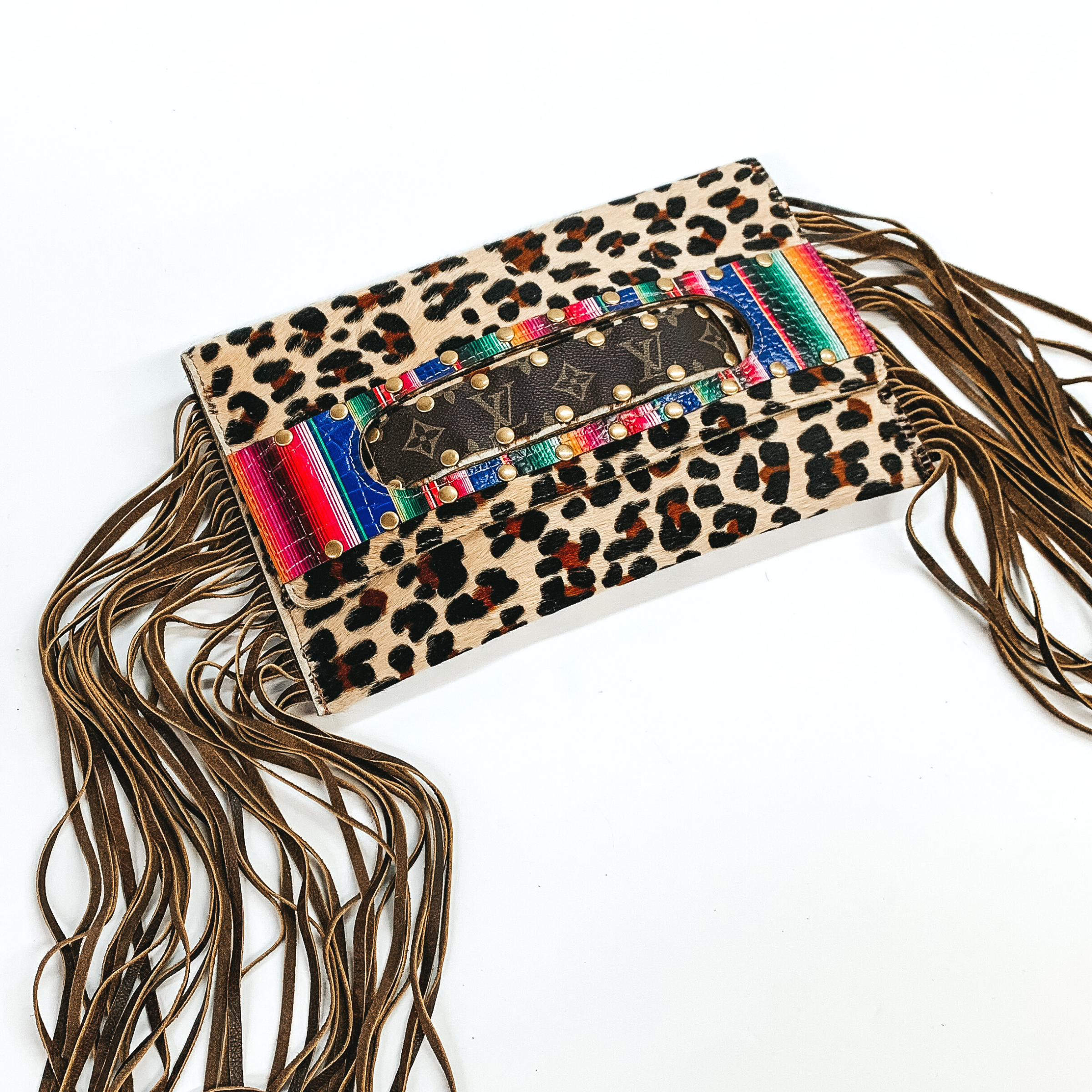 Keep It Gypsy | Sloan Leopard Print Clutch with Serape Design and Genuine Leather Fringe - Giddy Up Glamour Boutique