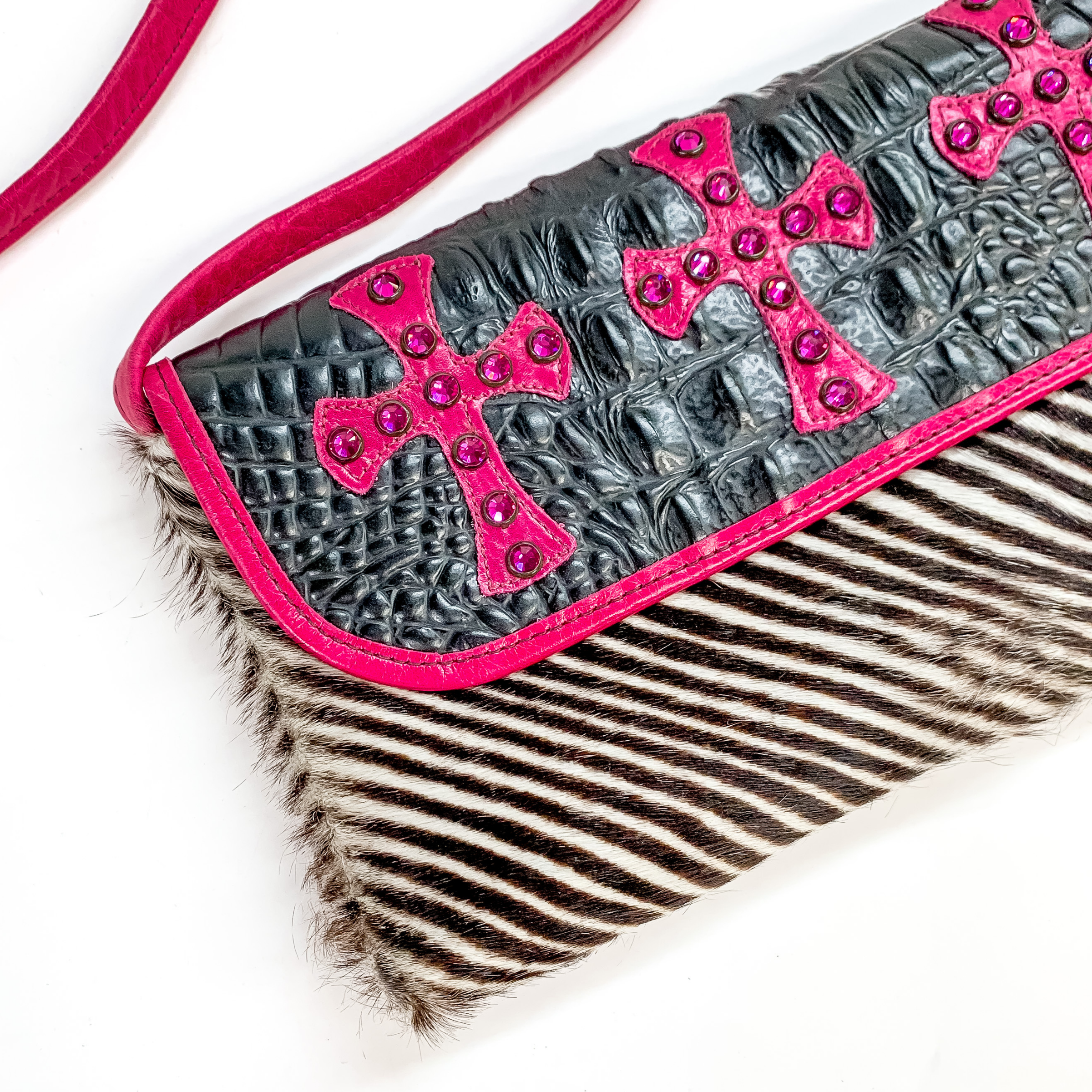 KurtMen Designs | Pink Crystal Cross Crocodile and Zebra Crossbody Clutch - Giddy Up Glamour Boutique