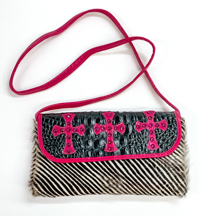 KurtMen Designs | Pink Crystal Cross Crocodile and Zebra Crossbody Clutch - Giddy Up Glamour Boutique
