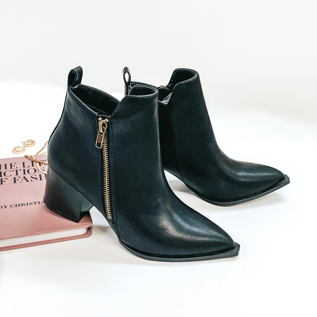Latte Pick Me Up Heeled Booties with Pointed Toe and Side Zipper in Black - Giddy Up Glamour Boutique