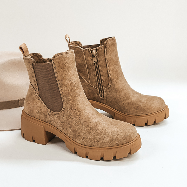 Very G | Coffee Shop Date Heeled Booties in Taupe - Giddy Up Glamour Boutique