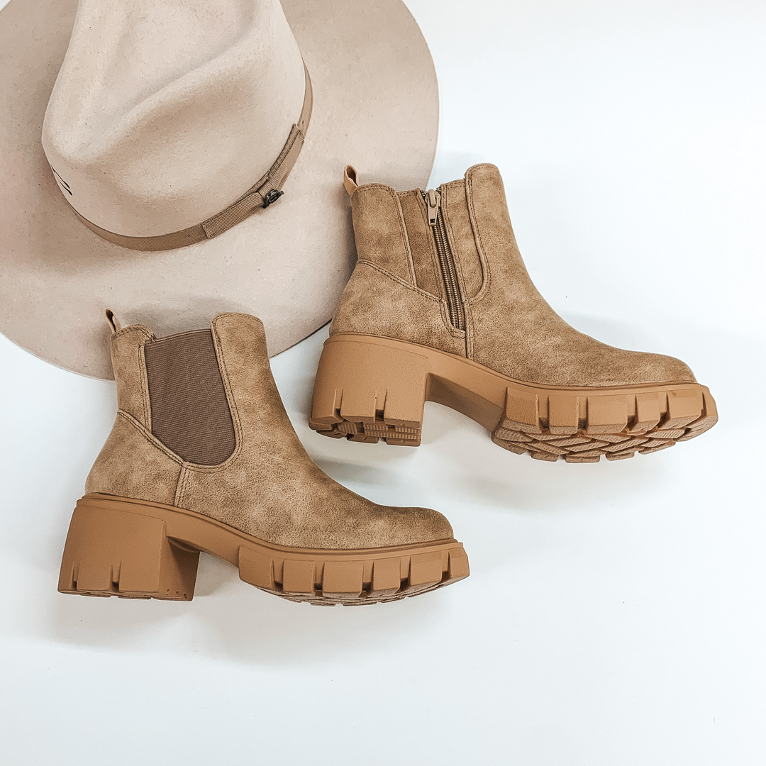 Very G | Coffee Shop Date Heeled Booties in Taupe - Giddy Up Glamour Boutique