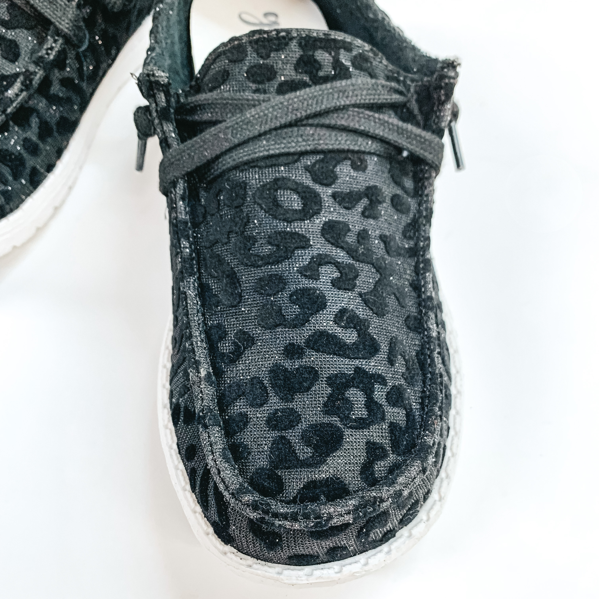 Very G | Have To Run Leopard Print Slip On Loafers with Laces in Black Glitter