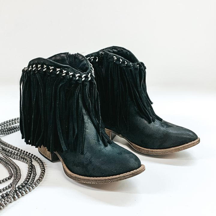 Very G | Rebel Girl Heeled Ankle Booties with Fringe in Black - Giddy Up Glamour Boutique