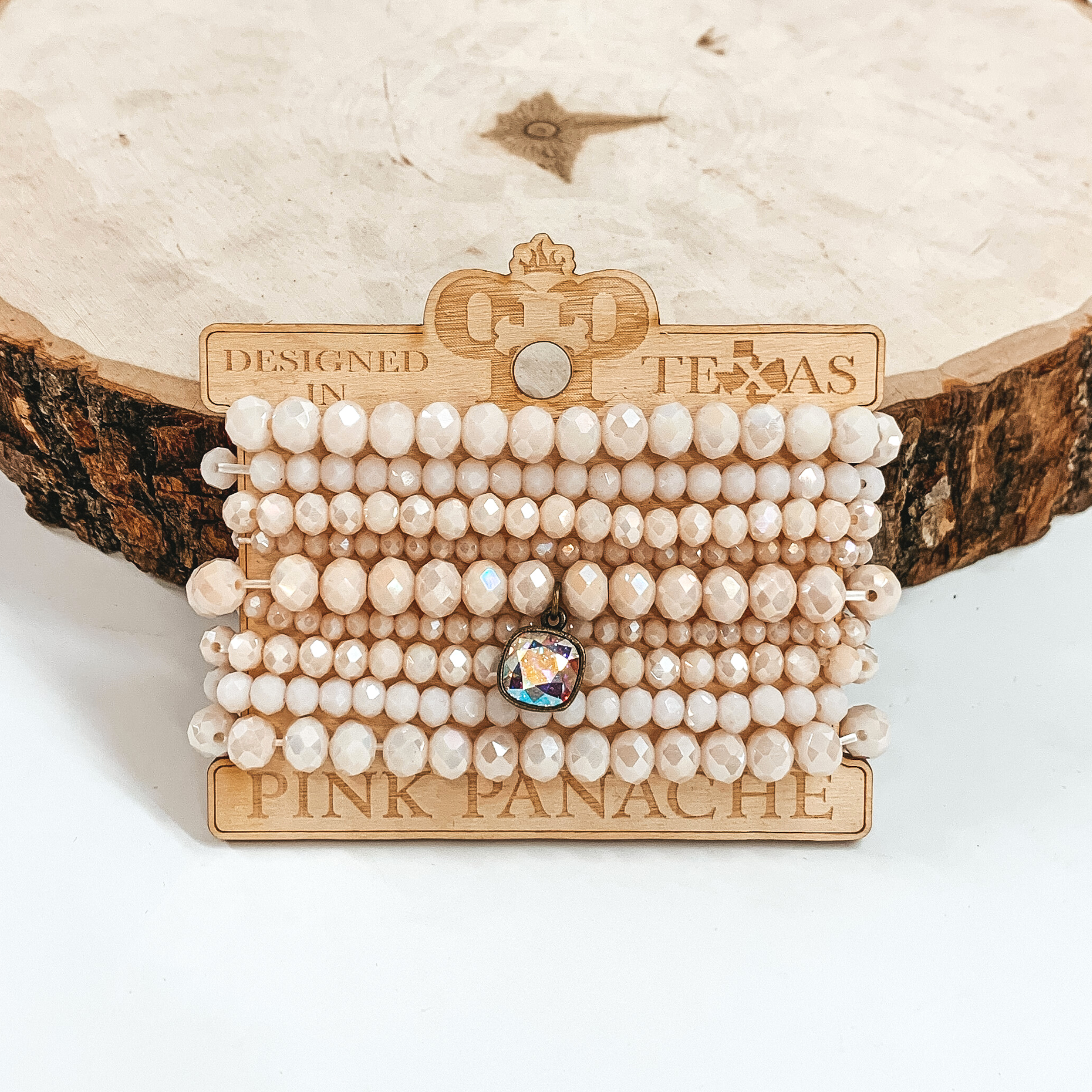Pink Panache | Crystal Bracelet Set with AB Cushion Cut Crystal Pendant in Pale Pink - Giddy Up Glamour Boutique