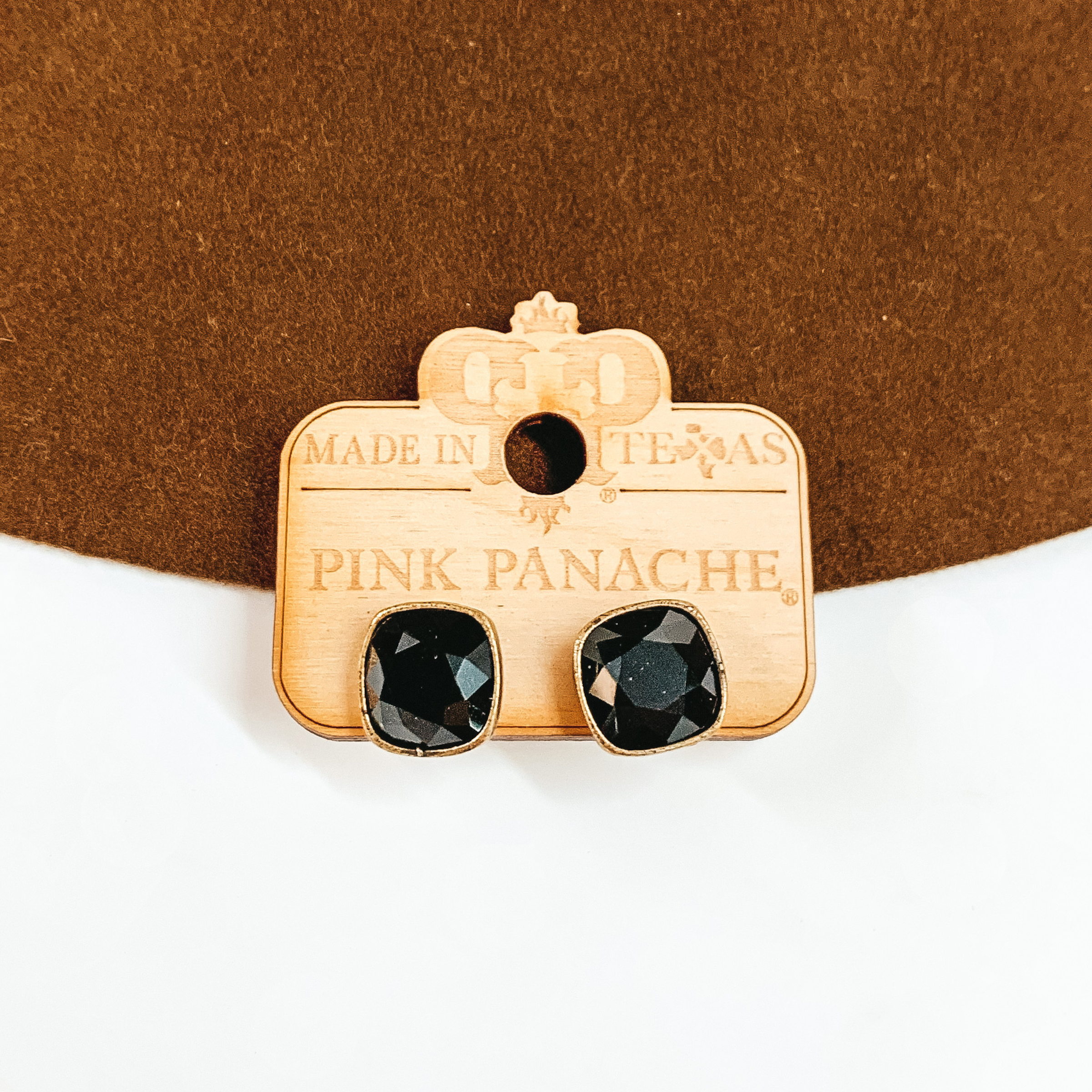 Pink Panache | Bronze Stud Earrings with Cushion Cut Crystals in Black - Giddy Up Glamour Boutique