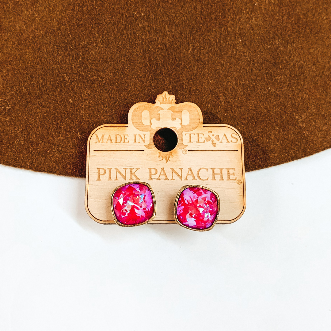 Pink Panache | Bronze Stud Earrings with Cushion Cut Crystals in Royal Red Delight - Giddy Up Glamour Boutique