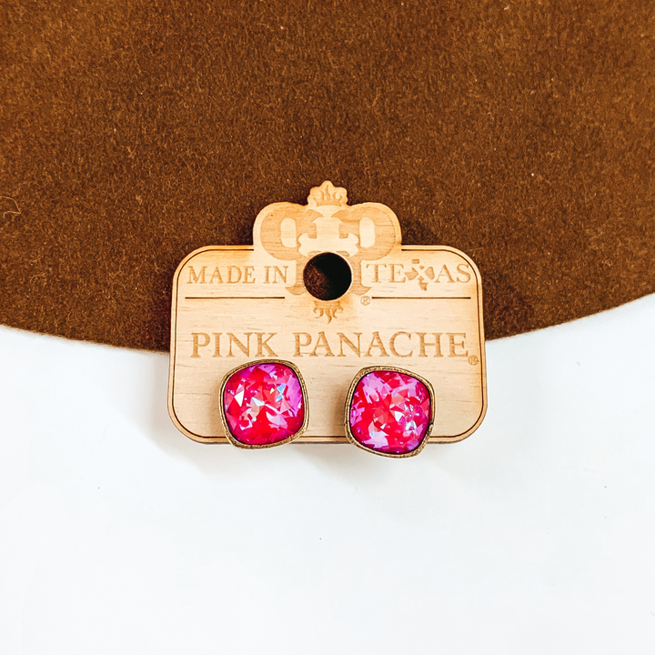 Pink Panache | Bronze Stud Earrings with Cushion Cut Crystals in Royal Red Delight - Giddy Up Glamour Boutique
