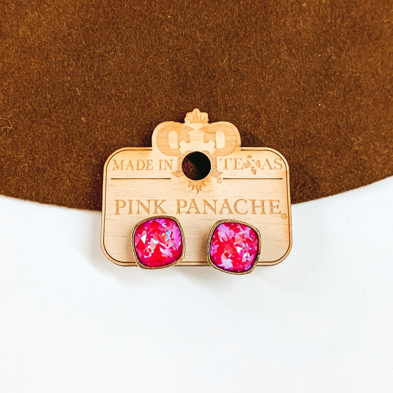 Pink Panache | Bronze Stud Earrings with Cushion Cut Crystals in Royal Red Delight