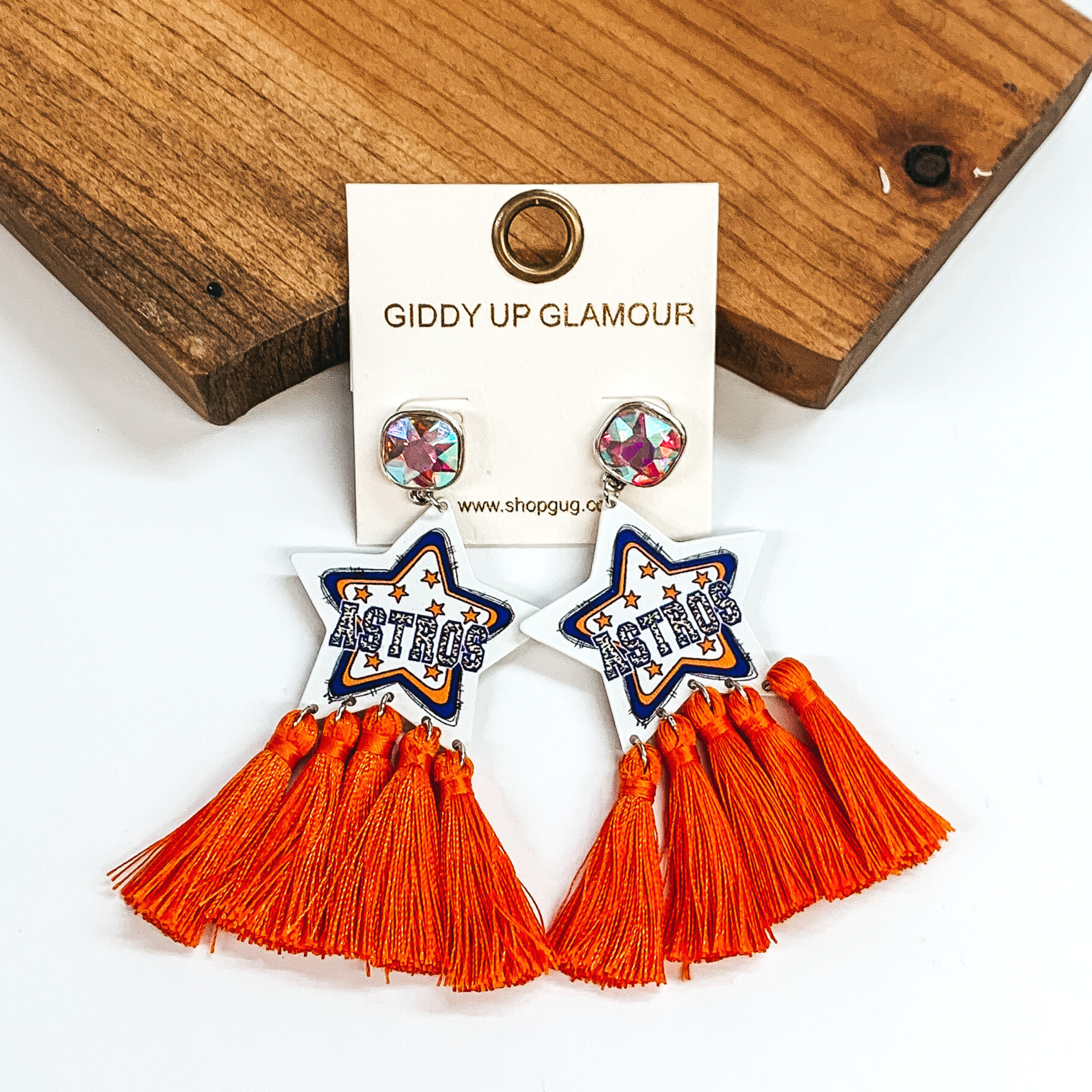 AB Crystal Post Back Earrings with Star Pendant and Orange Tassels - Giddy Up Glamour Boutique