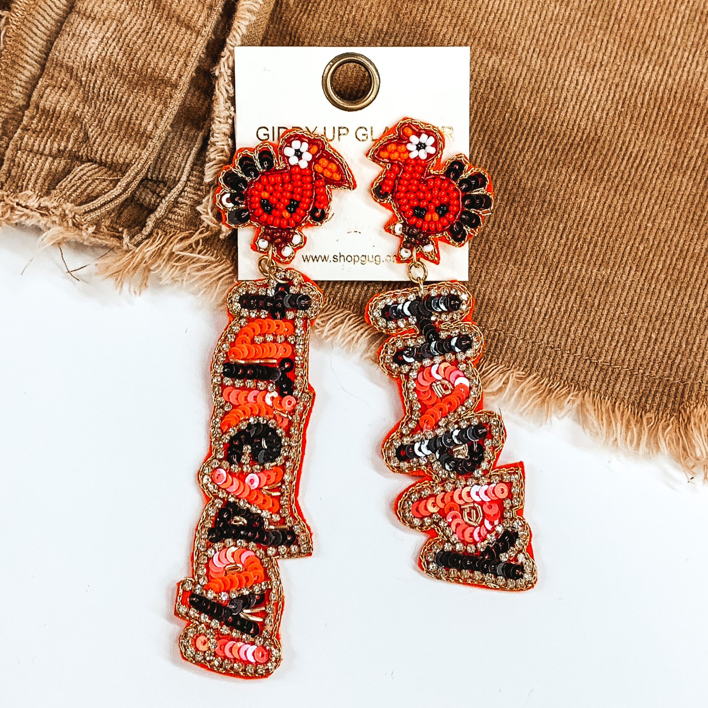 Happy Turkey Day Beaded Earrings in Orange and Dark Brown - Giddy Up Glamour Boutique