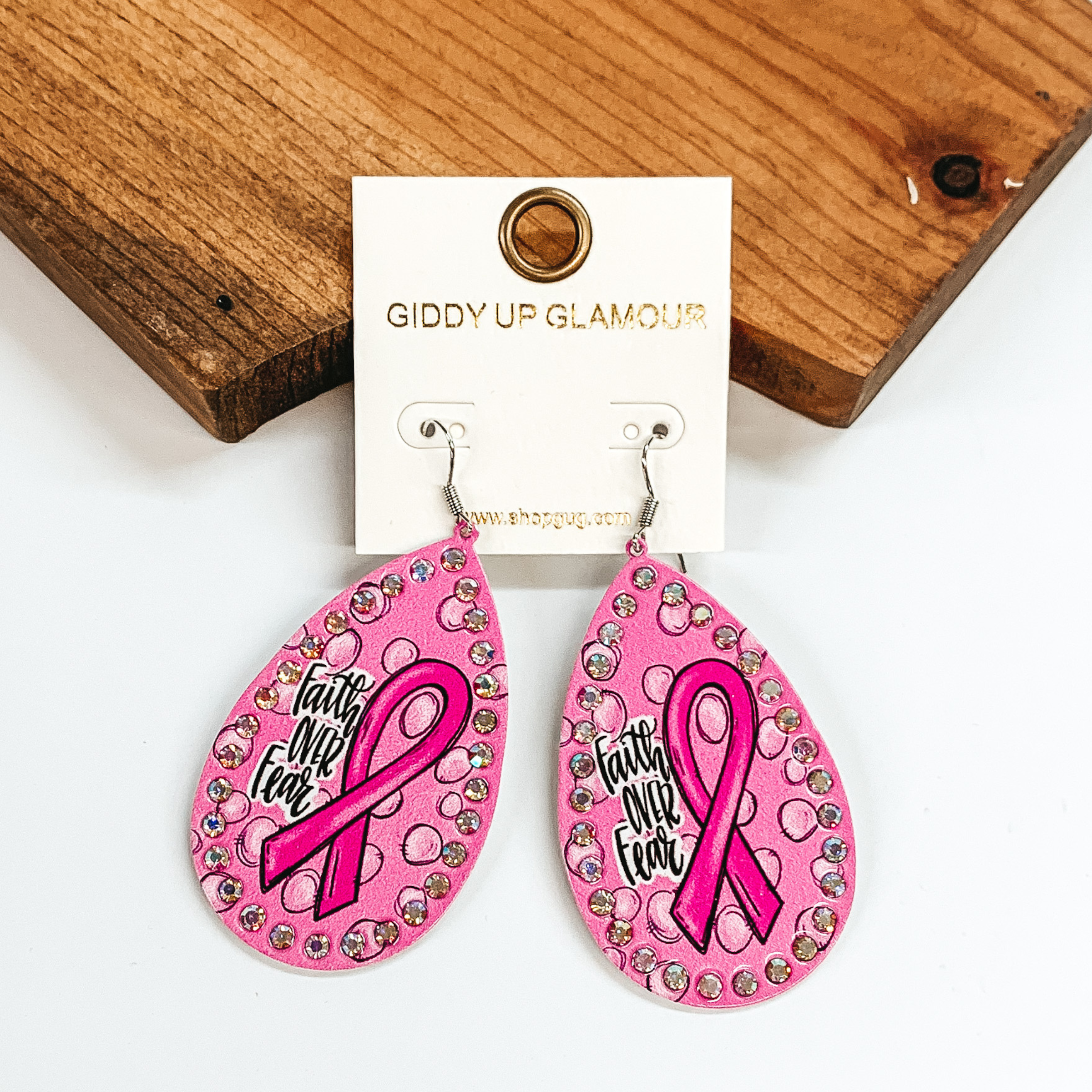 Faith Over Fear Teardrop Earrings with AB Crystal Outline in Pink - Giddy Up Glamour Boutique