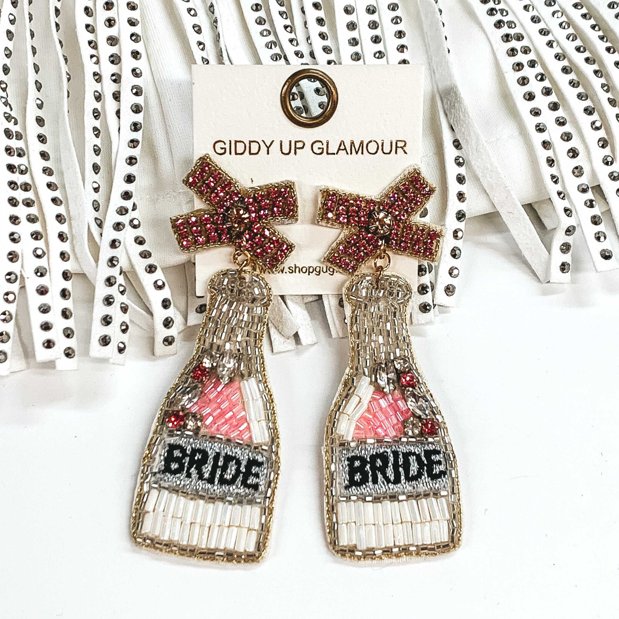 Beaded "BRIDE" Bottle Earrings in Pink and Silver - Giddy Up Glamour Boutique