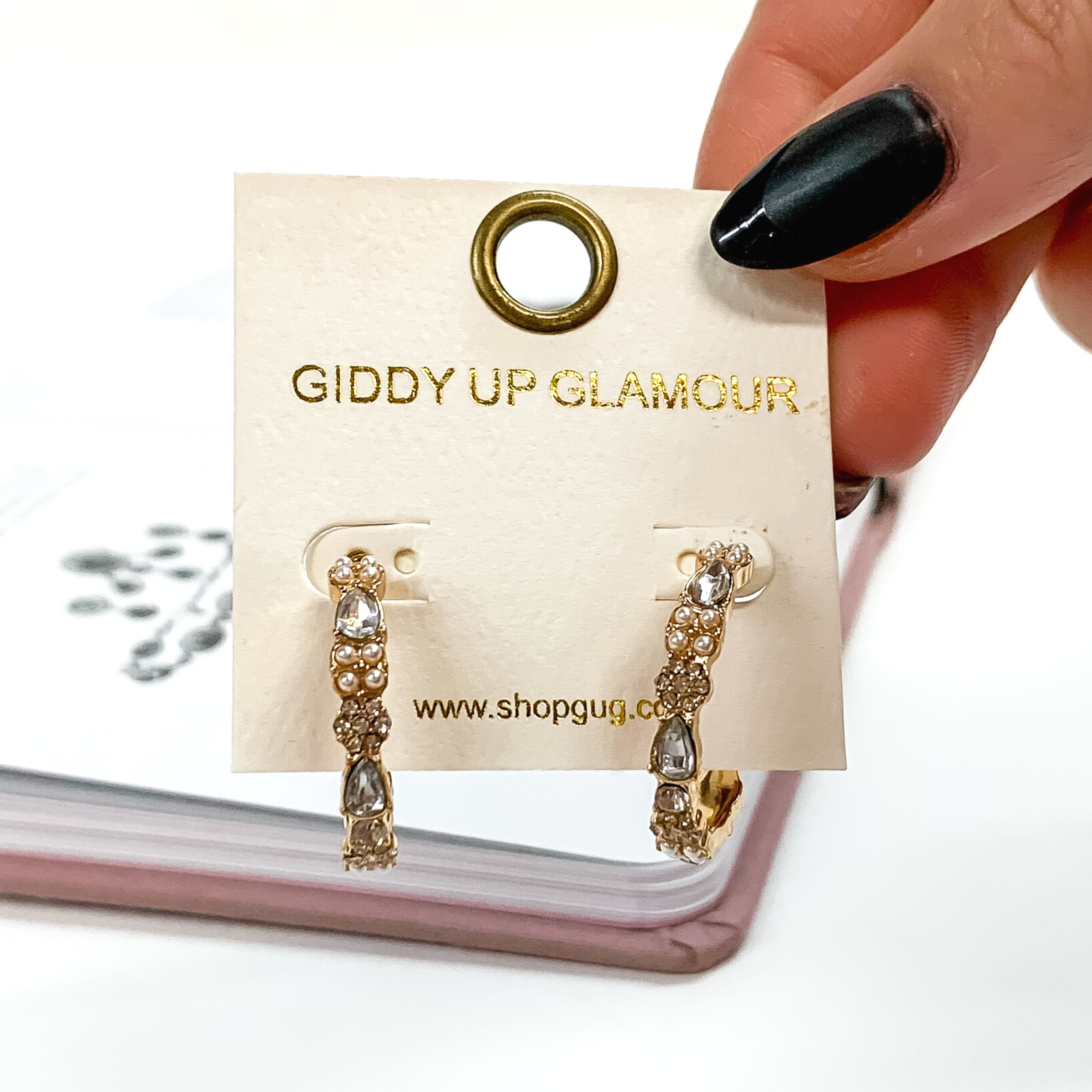 Gold Tone Hoop Earrings with Grey and Clear Crystals - Giddy Up Glamour Boutique