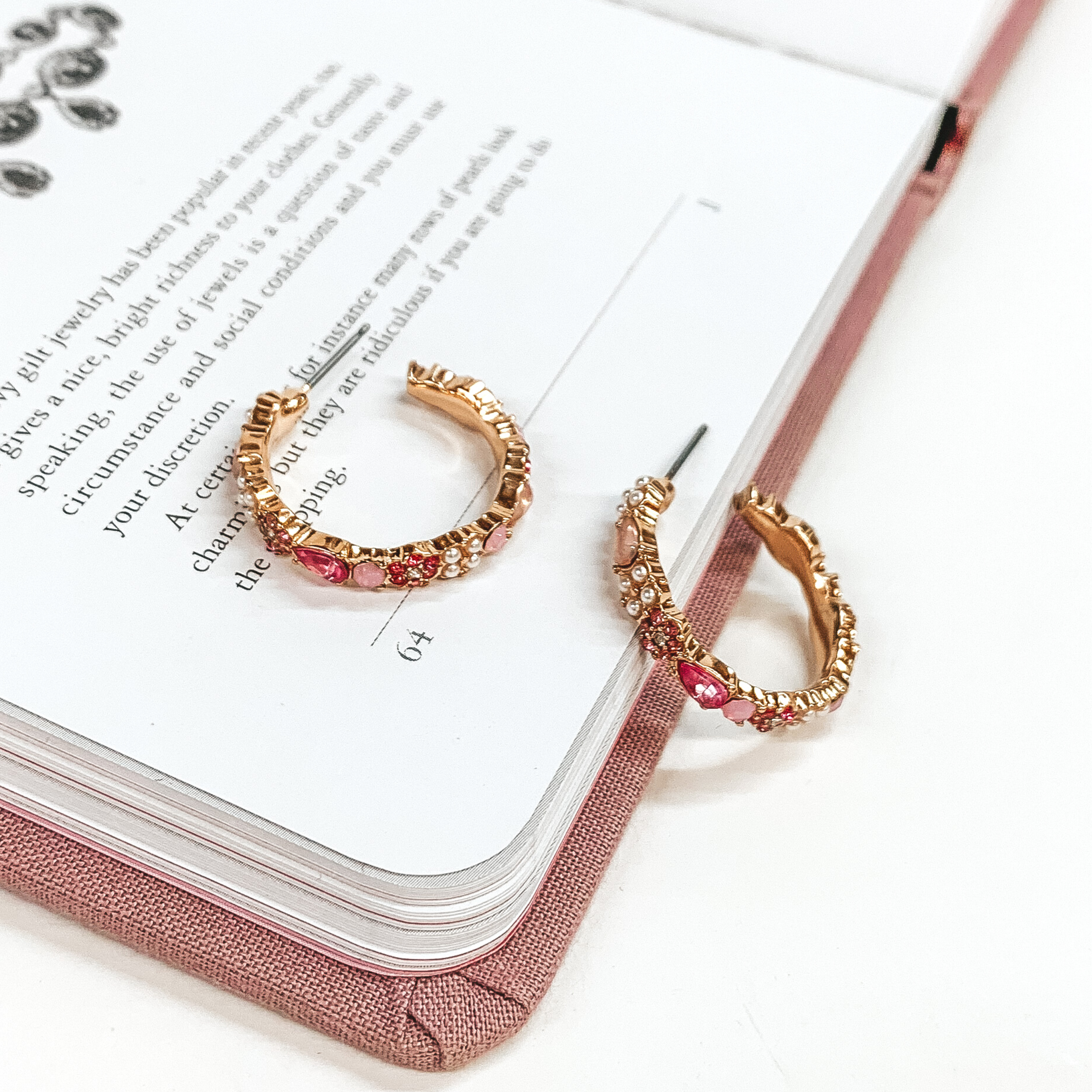 Gold Tone Hoop Earrings with Pink Crystals - Giddy Up Glamour Boutique