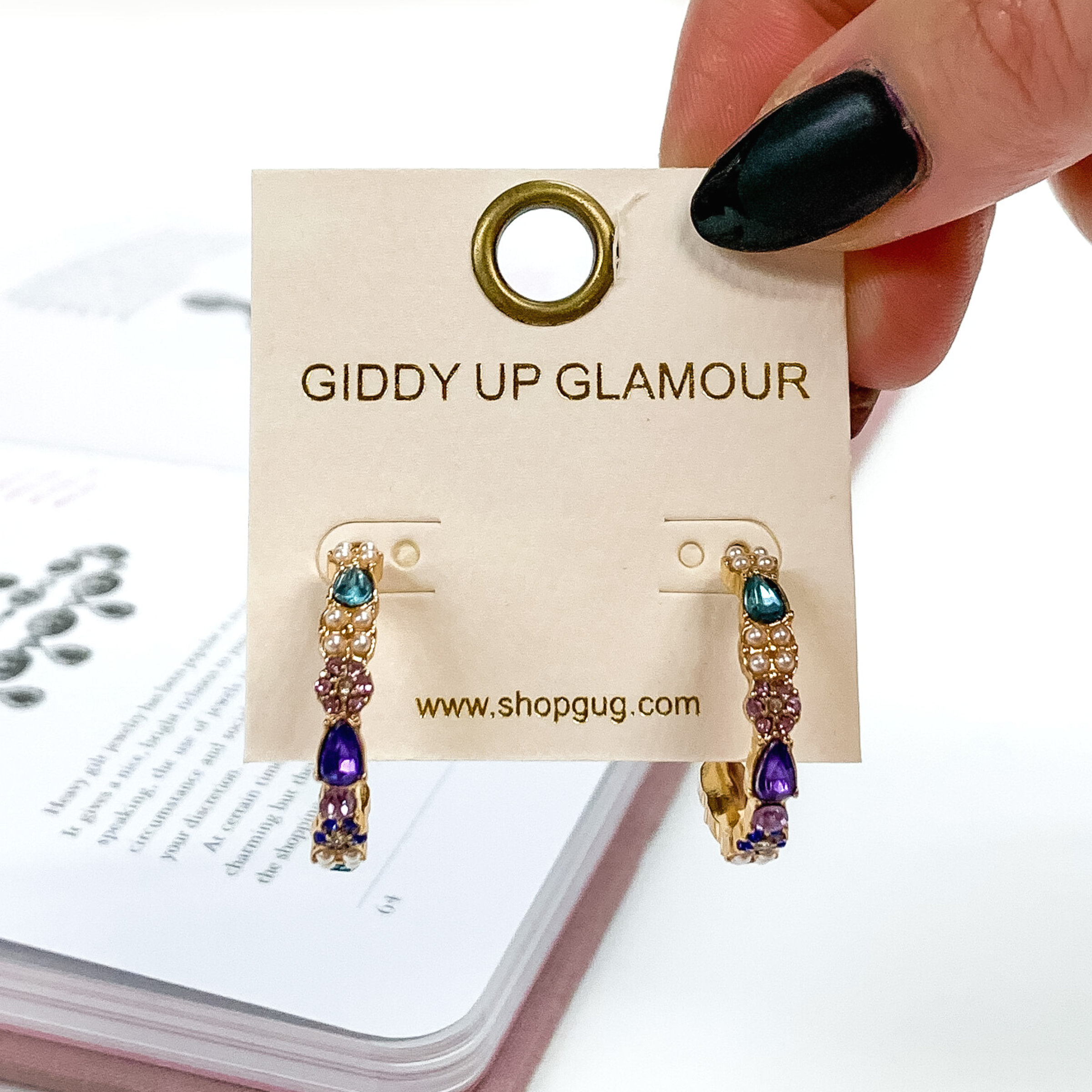 Gold Tone Hoop Earrings with Purple and Blue Crystals - Giddy Up Glamour Boutique