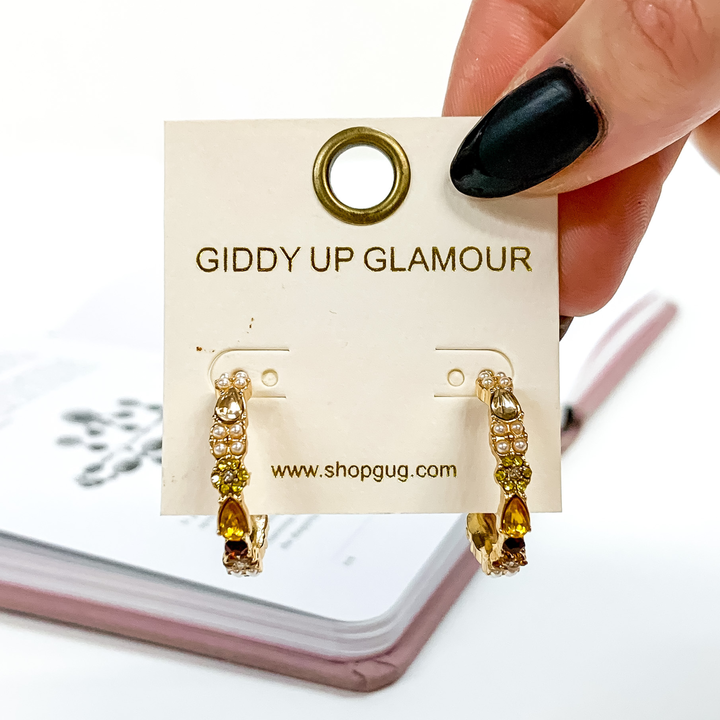 Gold Tone Hoop Earrings with Topaz Crystals - Giddy Up Glamour Boutique