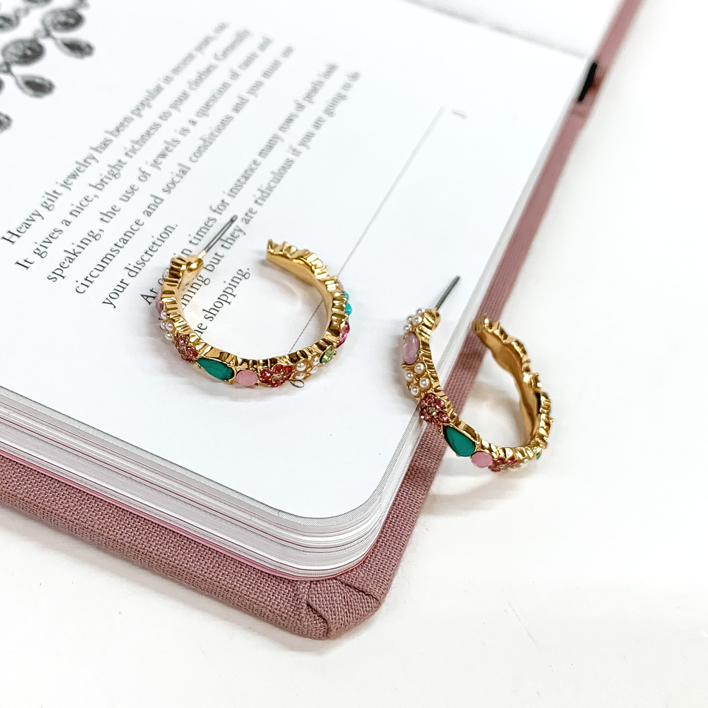 Gold Tone Hoop Earrings with Multicolor Crystals - Giddy Up Glamour Boutique