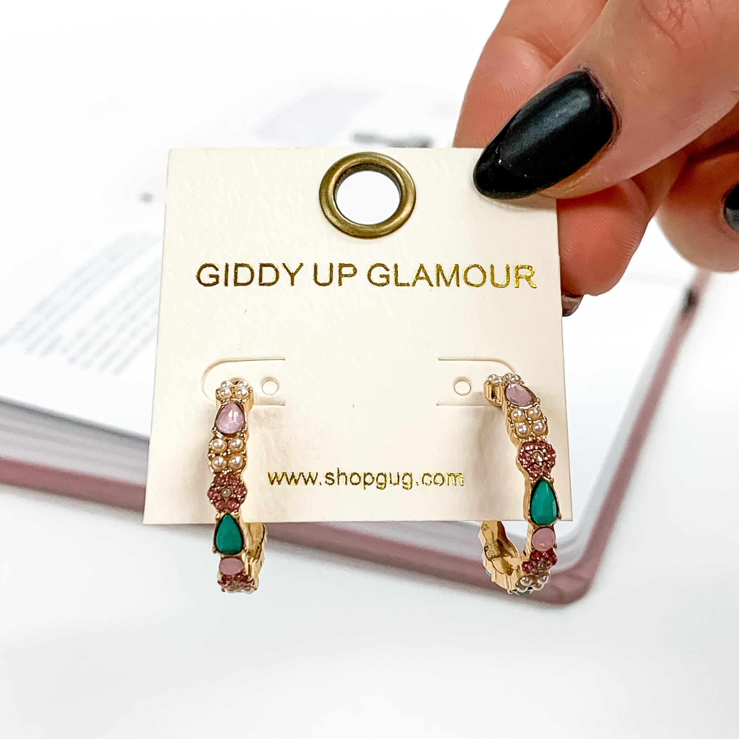 Gold Tone Hoop Earrings with Multicolor Crystals - Giddy Up Glamour Boutique
