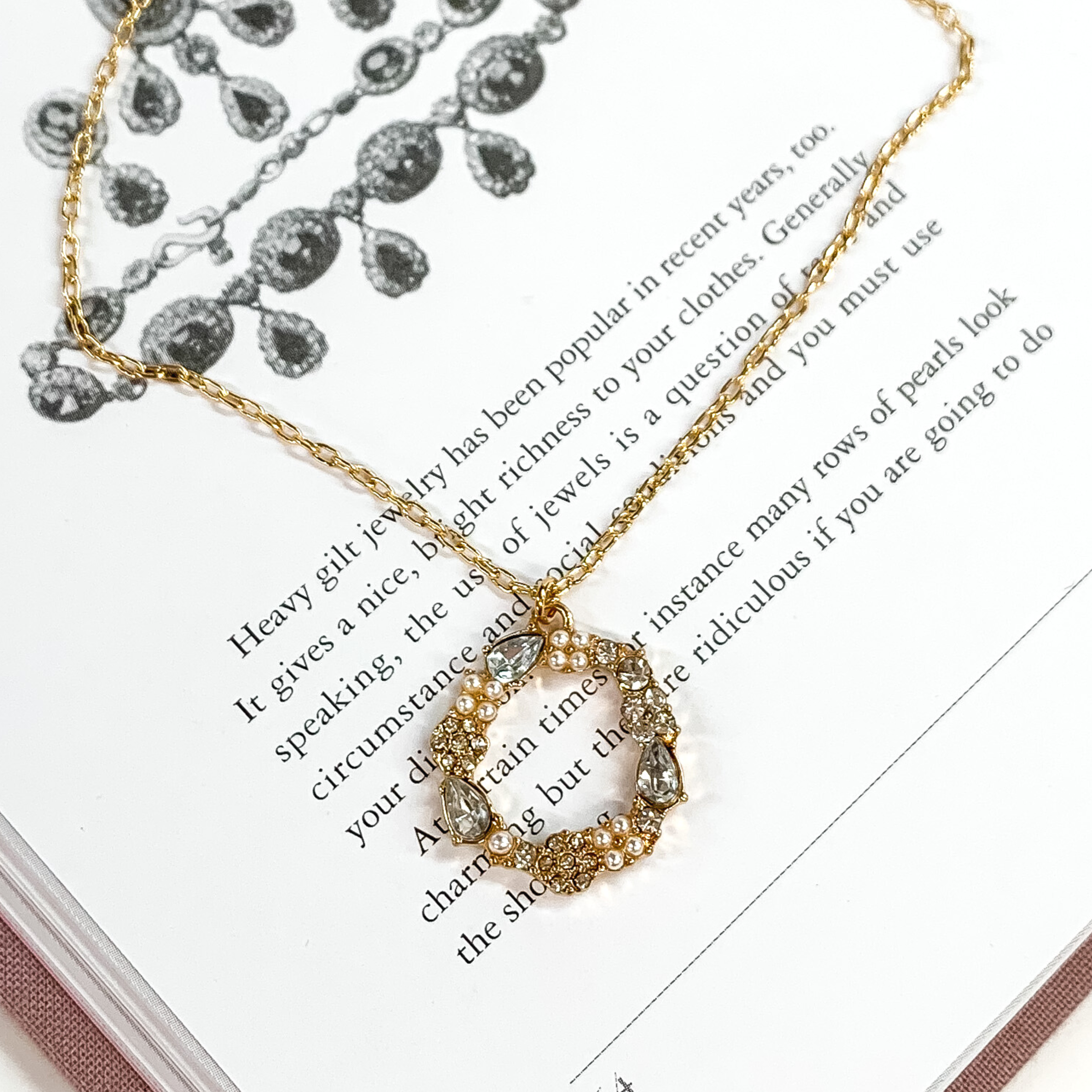 Gold Tone Chain Necklace and Open Circle Pendant with Grey and Clear Crystals - Giddy Up Glamour Boutique