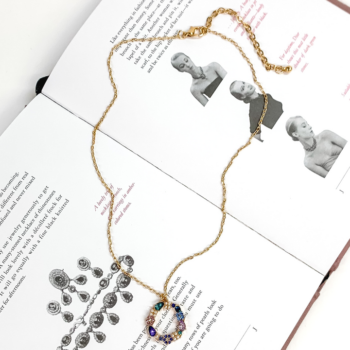 Gold Tone Chain Necklace and Open Circle Pendant with Purple and Blue Crystals - Giddy Up Glamour Boutique
