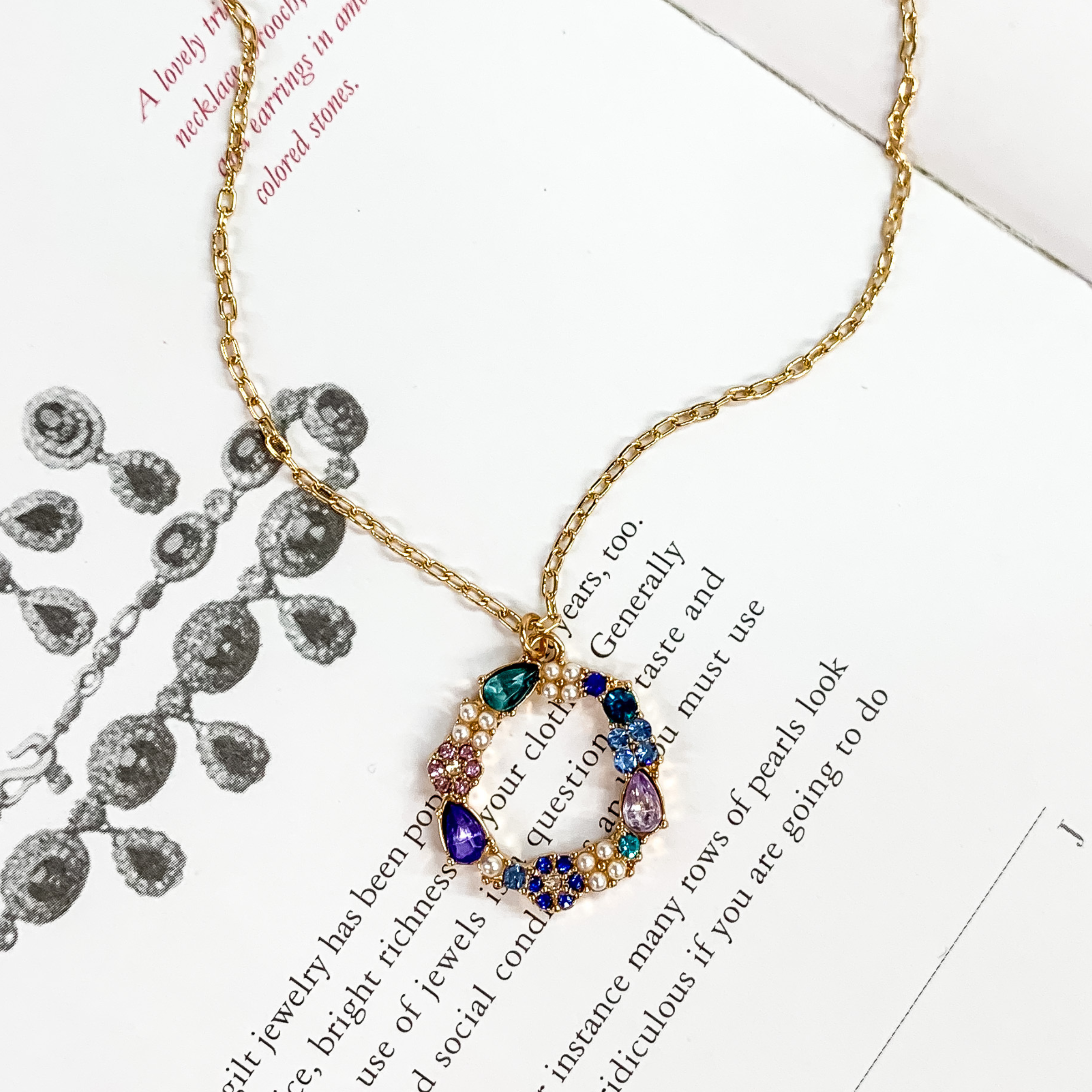 Gold Tone Chain Necklace and Open Circle Pendant with Purple and Blue Crystals - Giddy Up Glamour Boutique