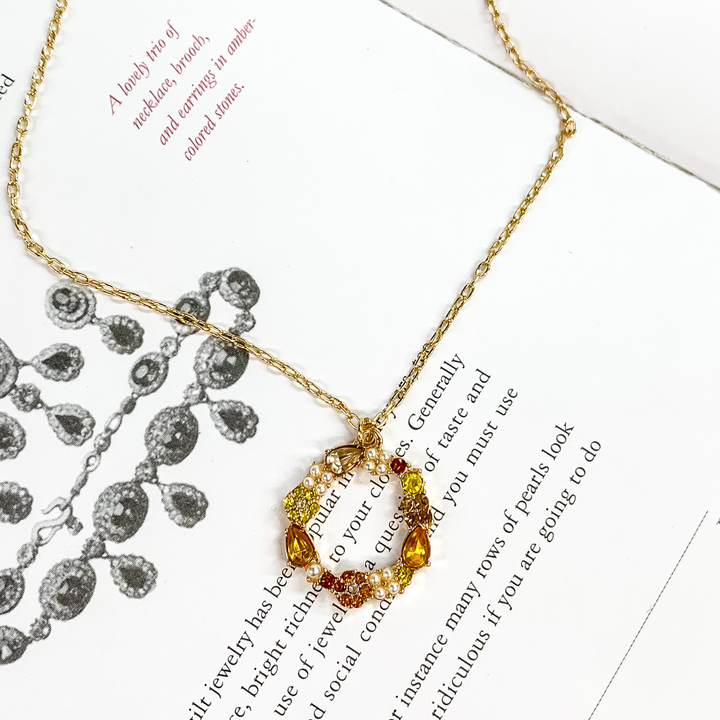 Gold Tone Chain Necklace and Open Circle Pendant with Topaz Crystals - Giddy Up Glamour Boutique