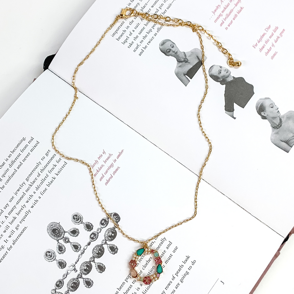 Gold Tone Chain Necklace and Open Circle Pendant with Multicolored Crystals - Giddy Up Glamour Boutique