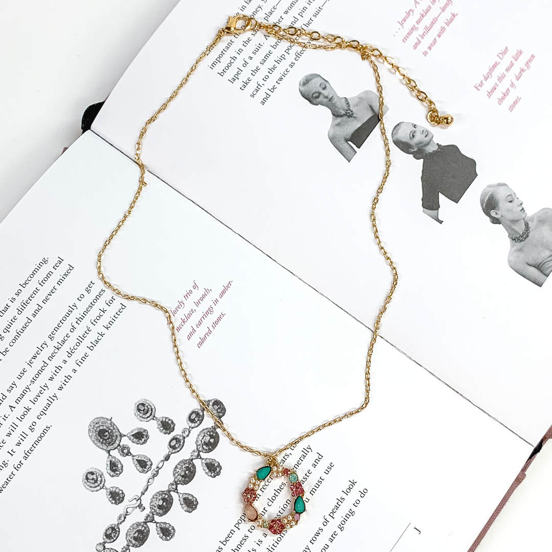 Gold Tone Chain Necklace and Open Circle Pendant with Multicolored Crystals - Giddy Up Glamour Boutique
