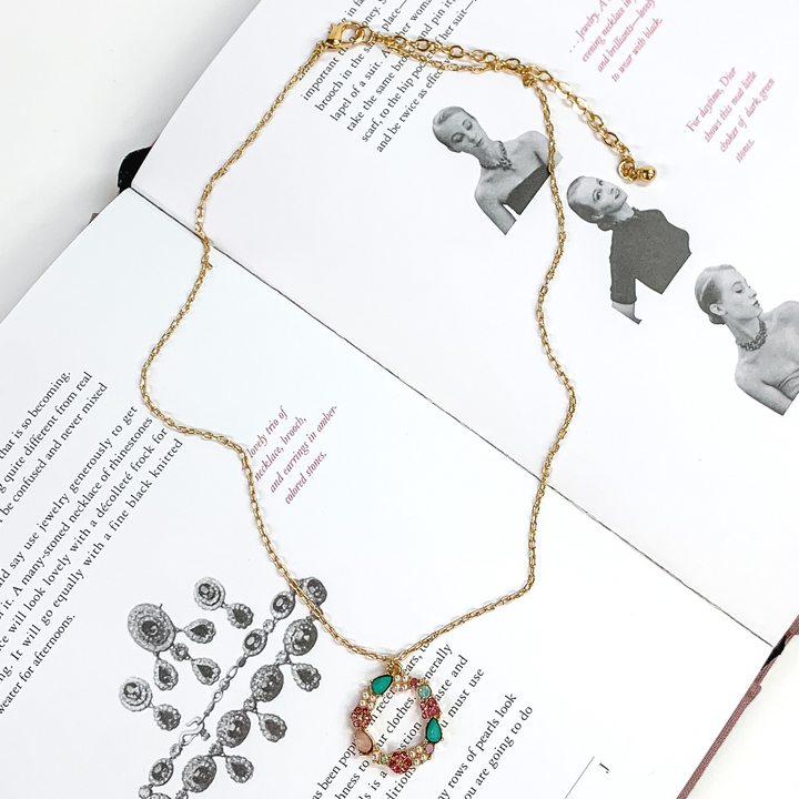 Gold Tone Chain Necklace and Open Circle Pendant with Multicolored Crystals - Giddy Up Glamour Boutique