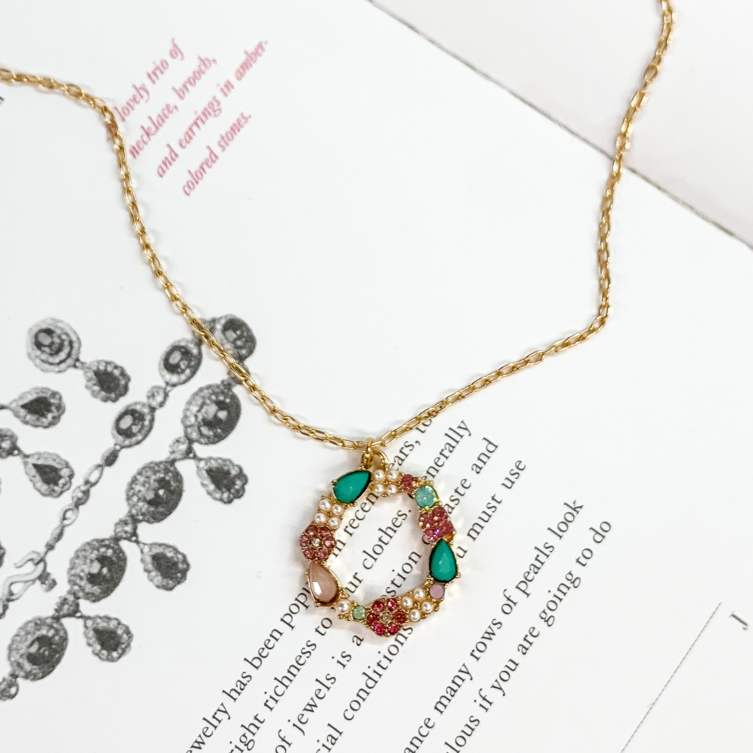 Gold Tone Chain Necklace and Open Circle Pendant with Multicolored Crystals - Giddy Up Glamour Boutique