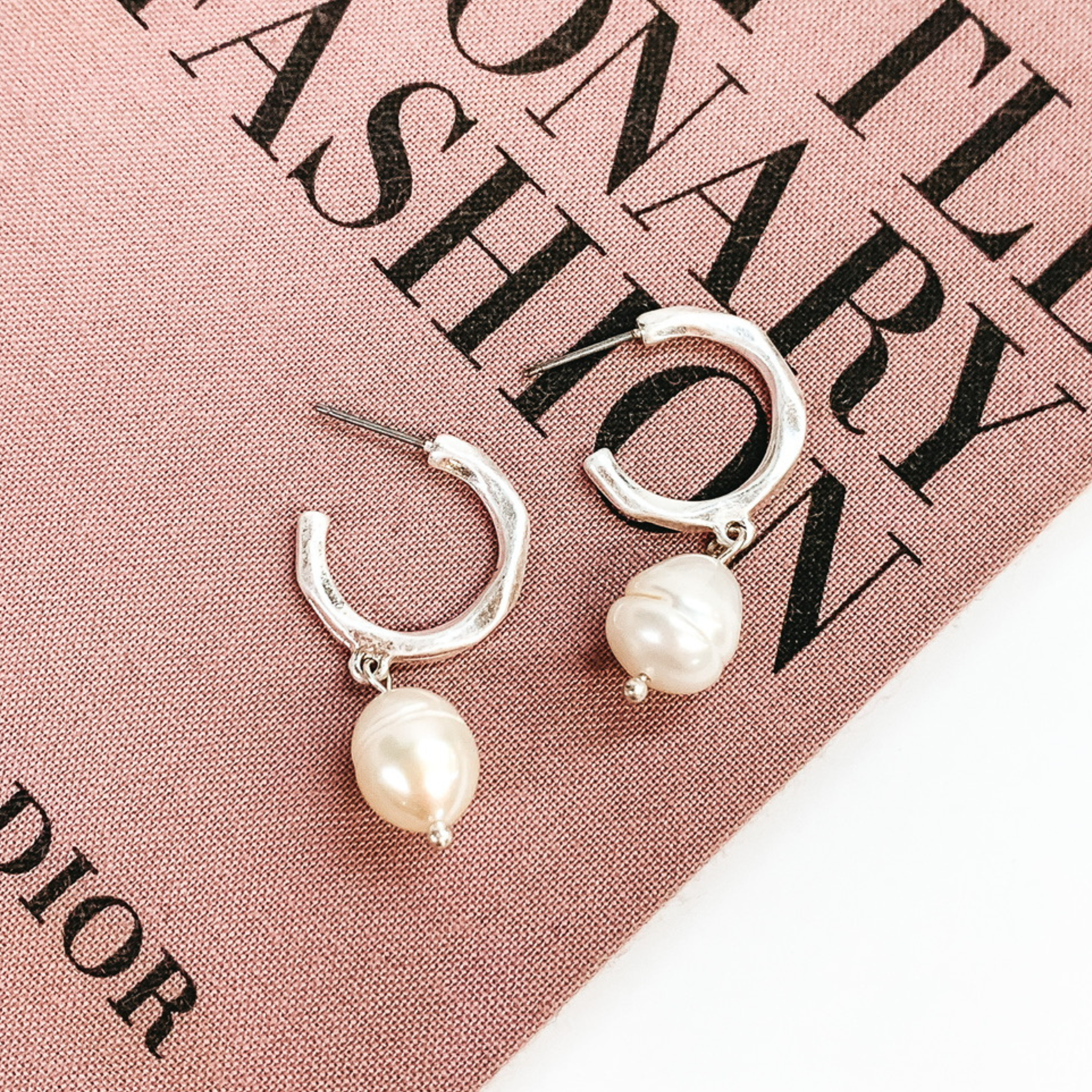 Special Occasion Hoop Earring with Pearl Dangle in Worn Silver Tone - Giddy Up Glamour Boutique