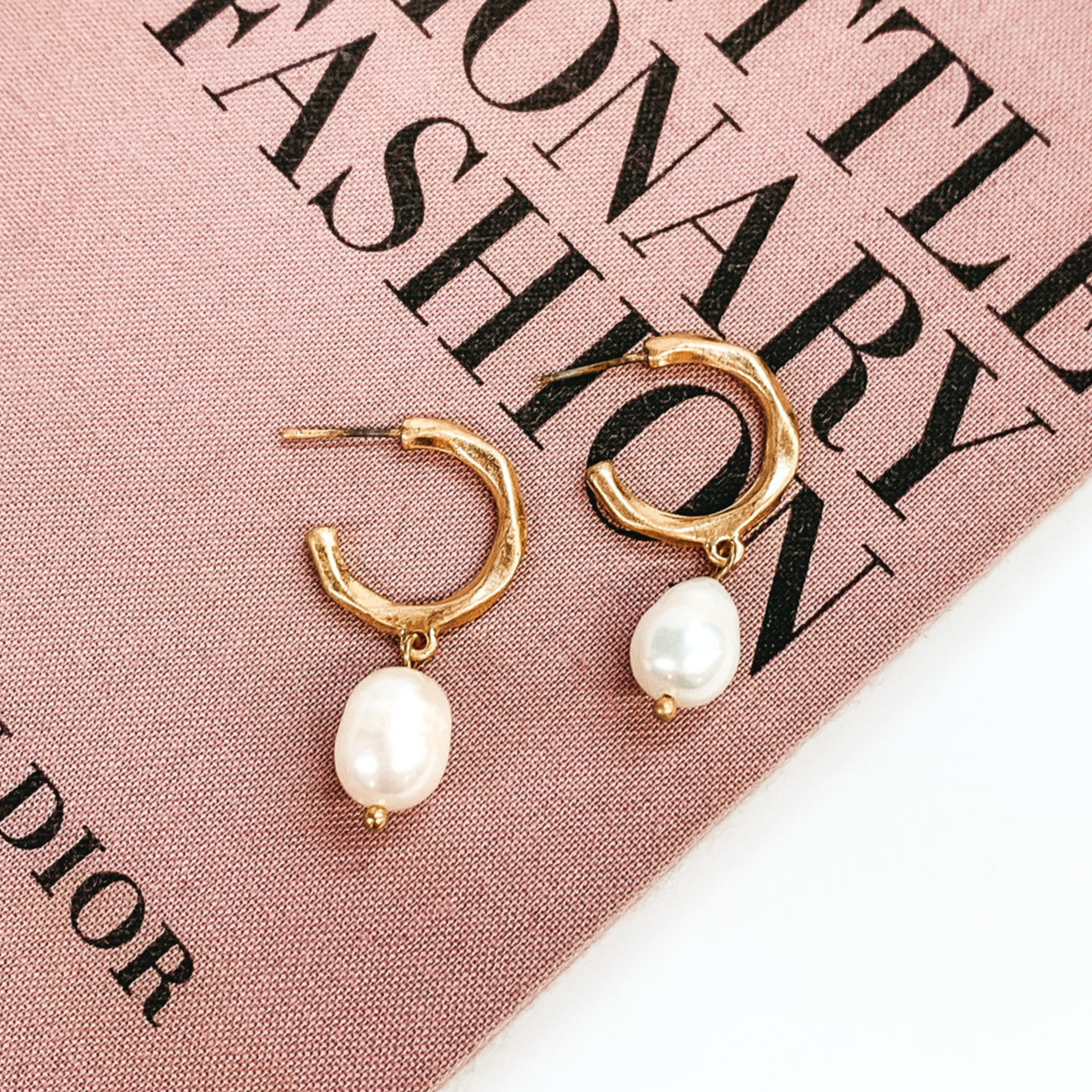 Special Occasion Hoop Earring with Pearl Dangle in Worn Gold Tone - Giddy Up Glamour Boutique