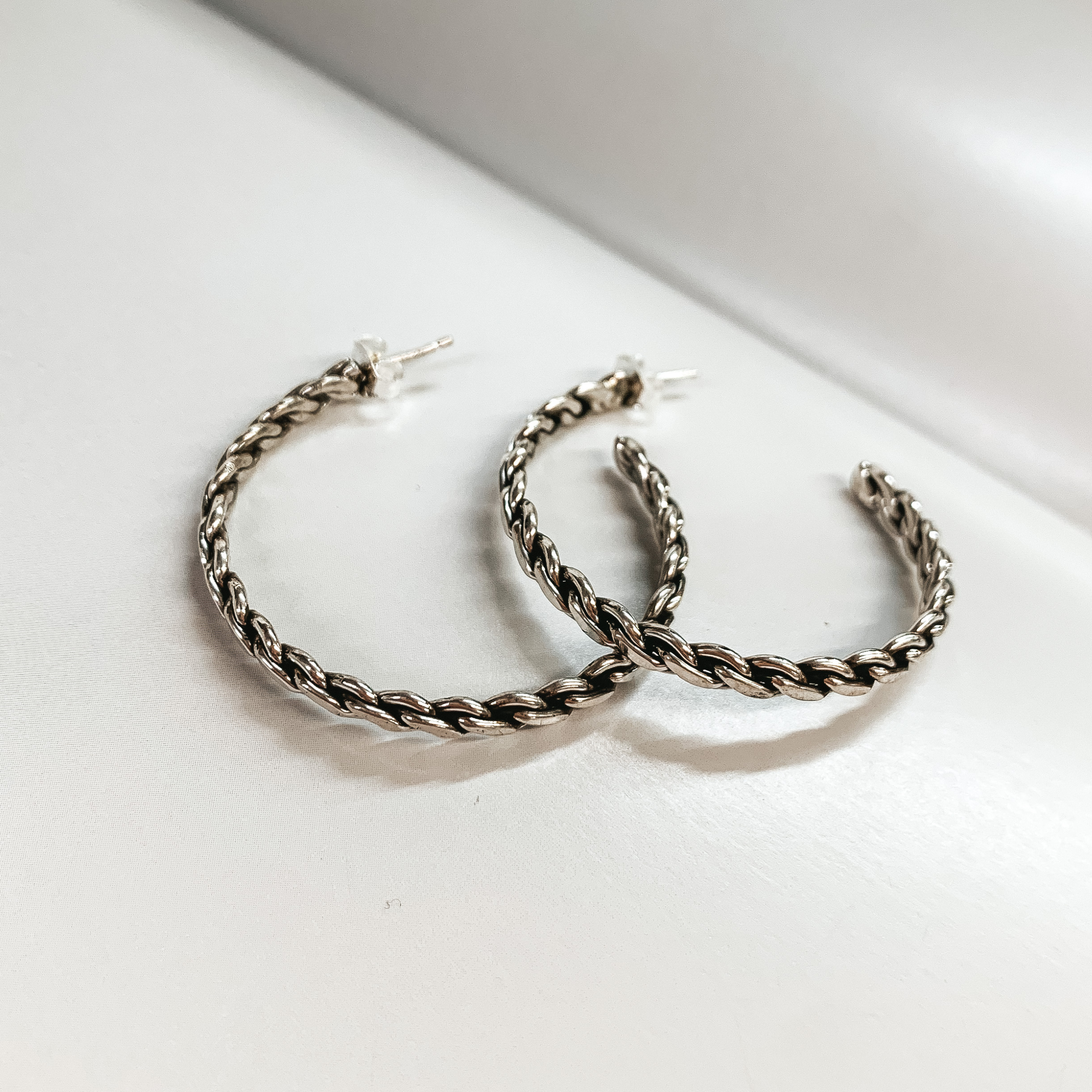 Navajo | Navajo Handmade Sterling Silver Rope Chain Hoop Earrings - Giddy Up Glamour Boutique